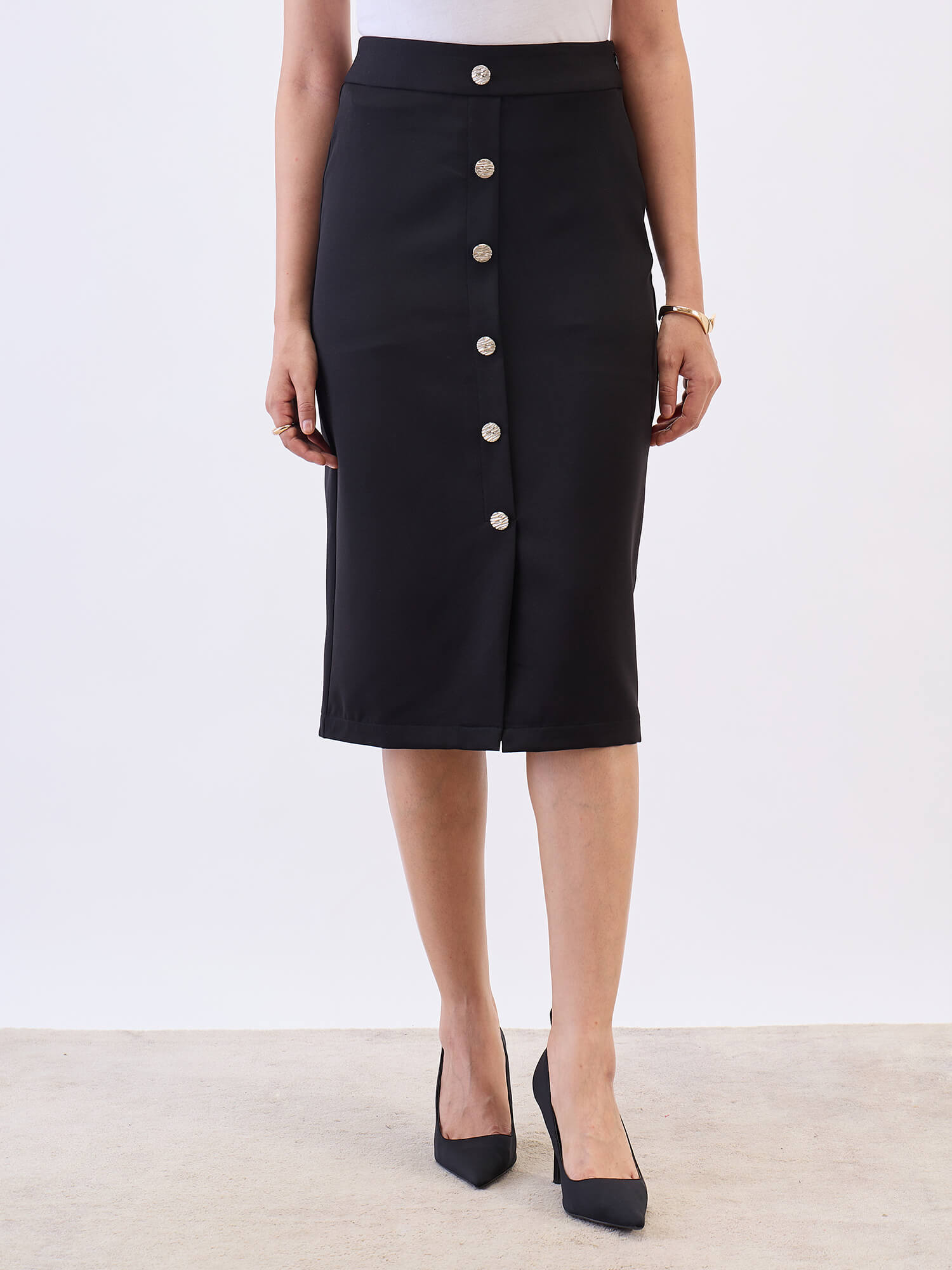 Norman Metallic Button Skirt-Black