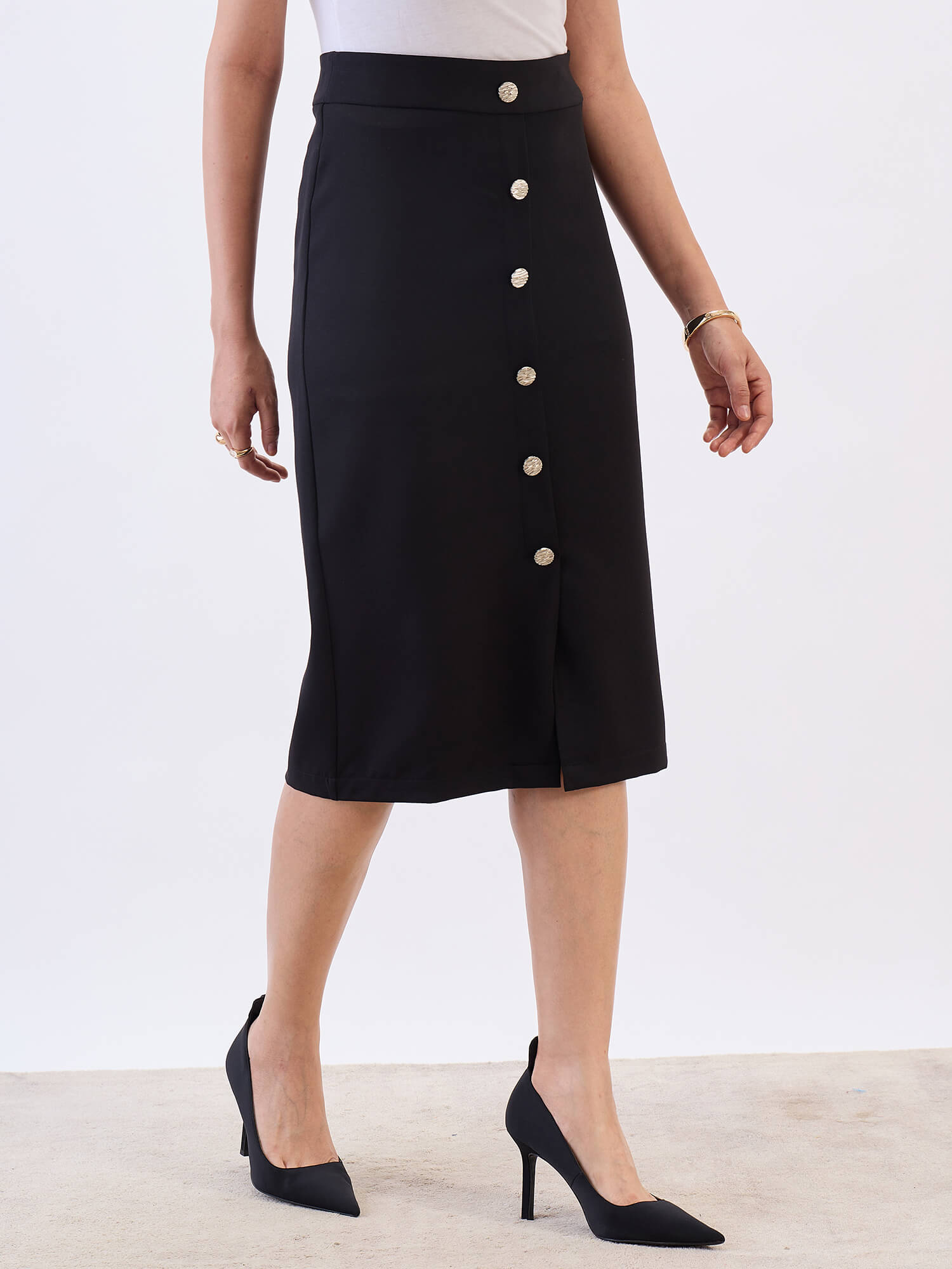 Norman Metallic Button Skirt-Black