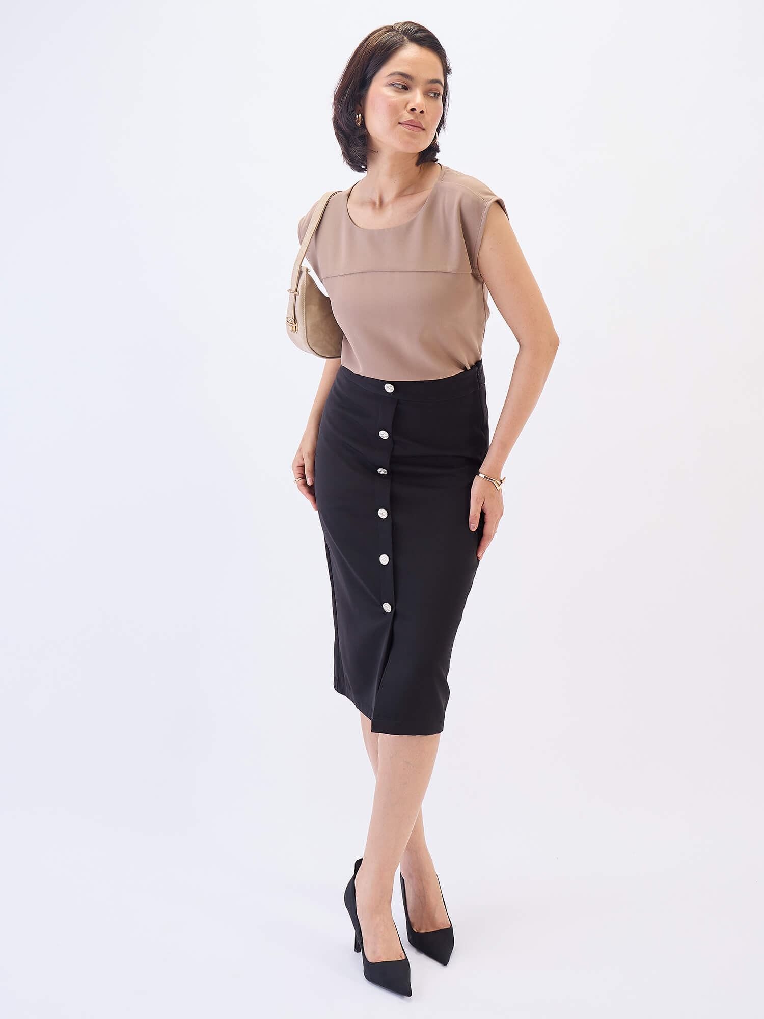 Norman Metallic Button Skirt-Black