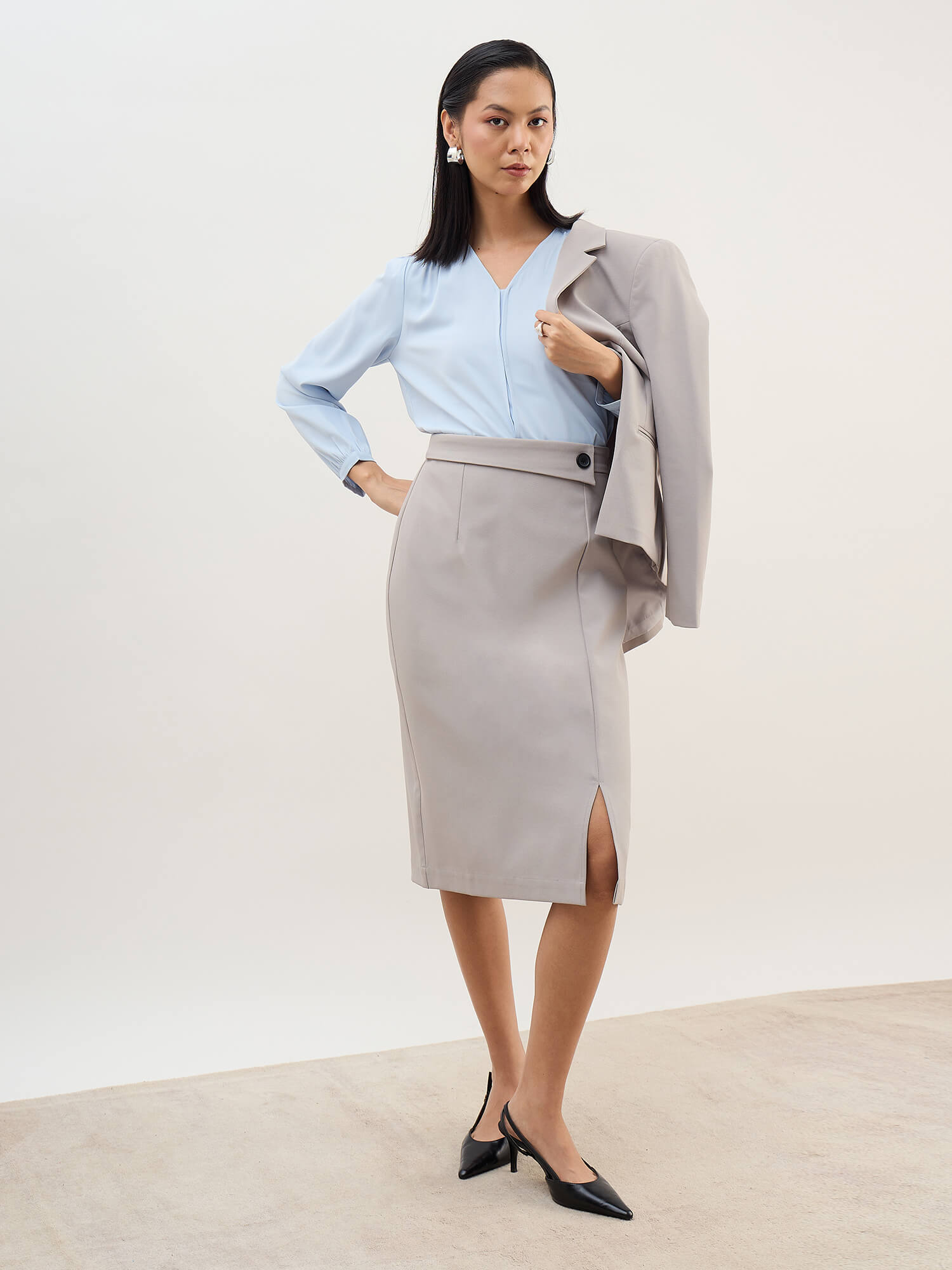 Artsy Flap Detailing Skirt-Grey