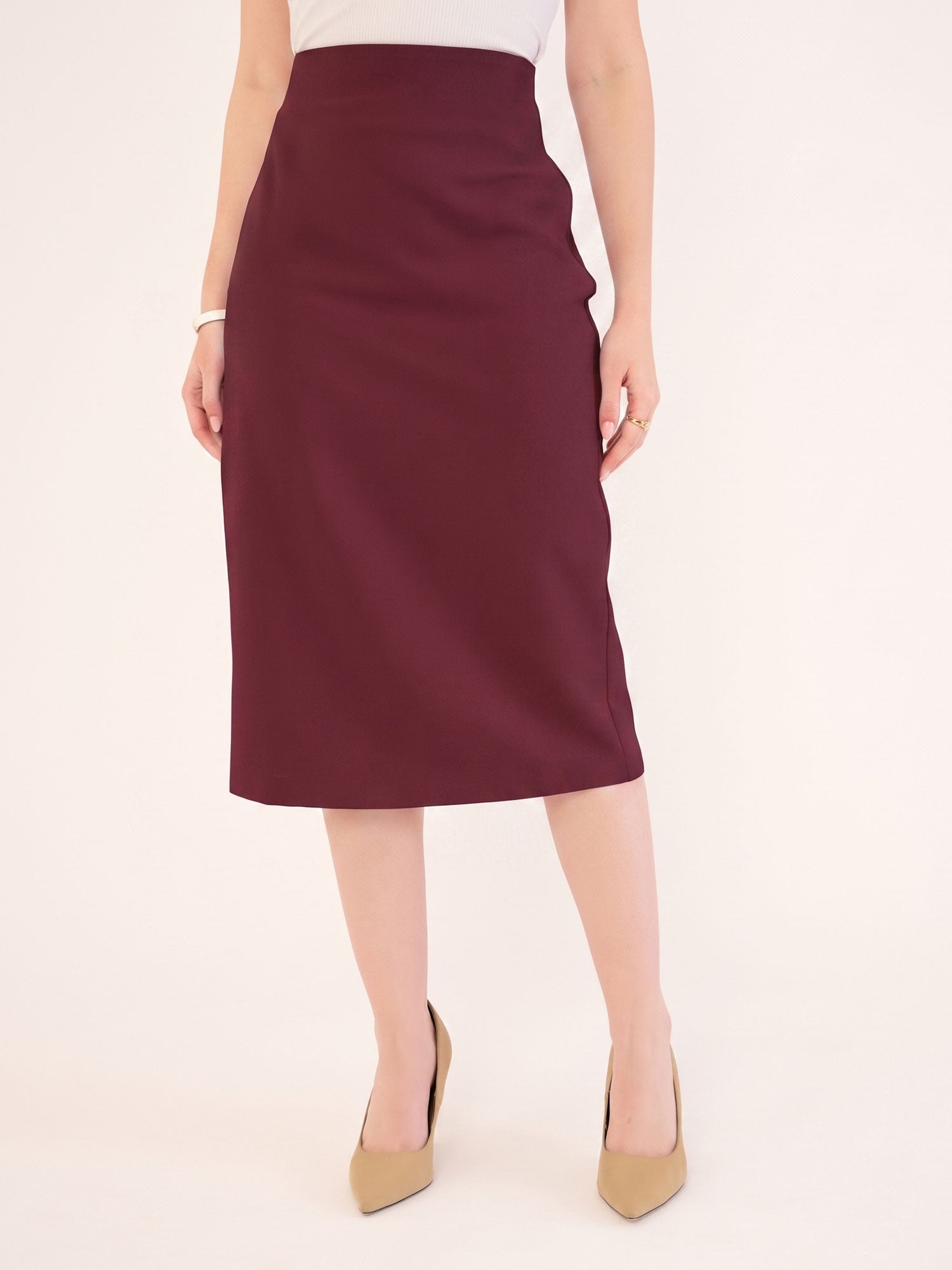 Juvina Midi Length Pencil Skirt-Wine