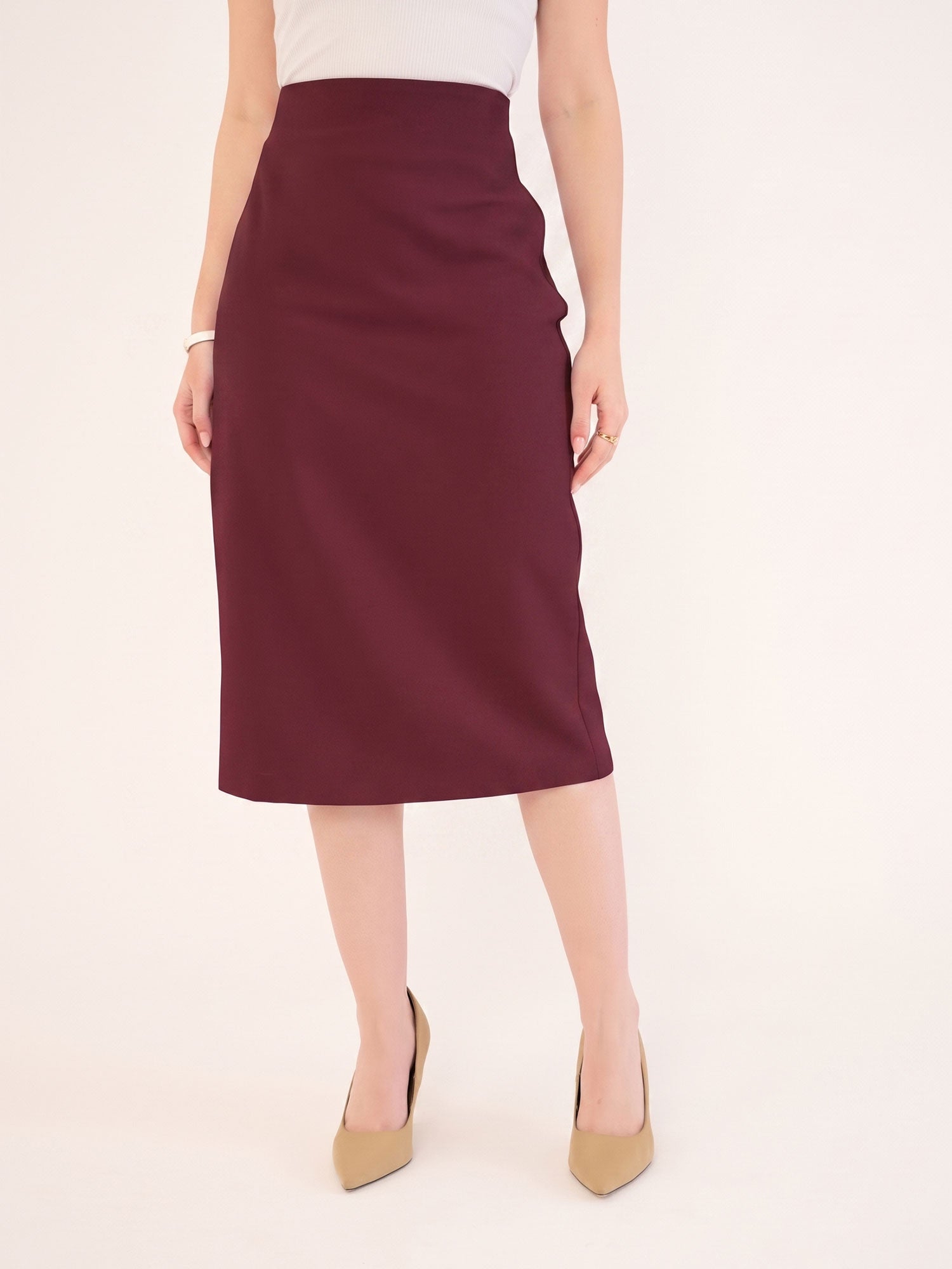 Juvina Midi Length Pencil Skirt-Wine