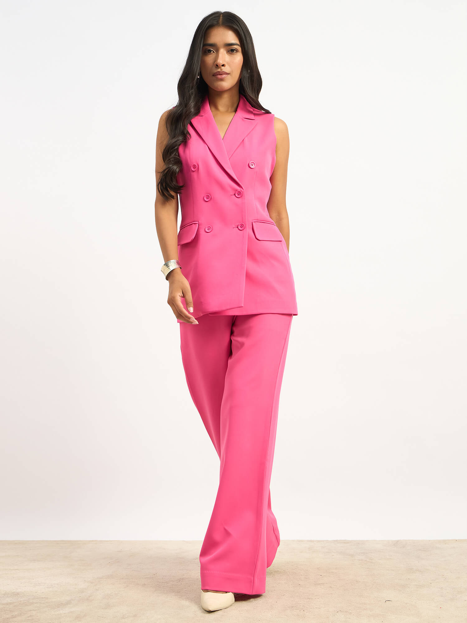 Reverie Sleeveless Double Breasted Suit Set - Pop Pink