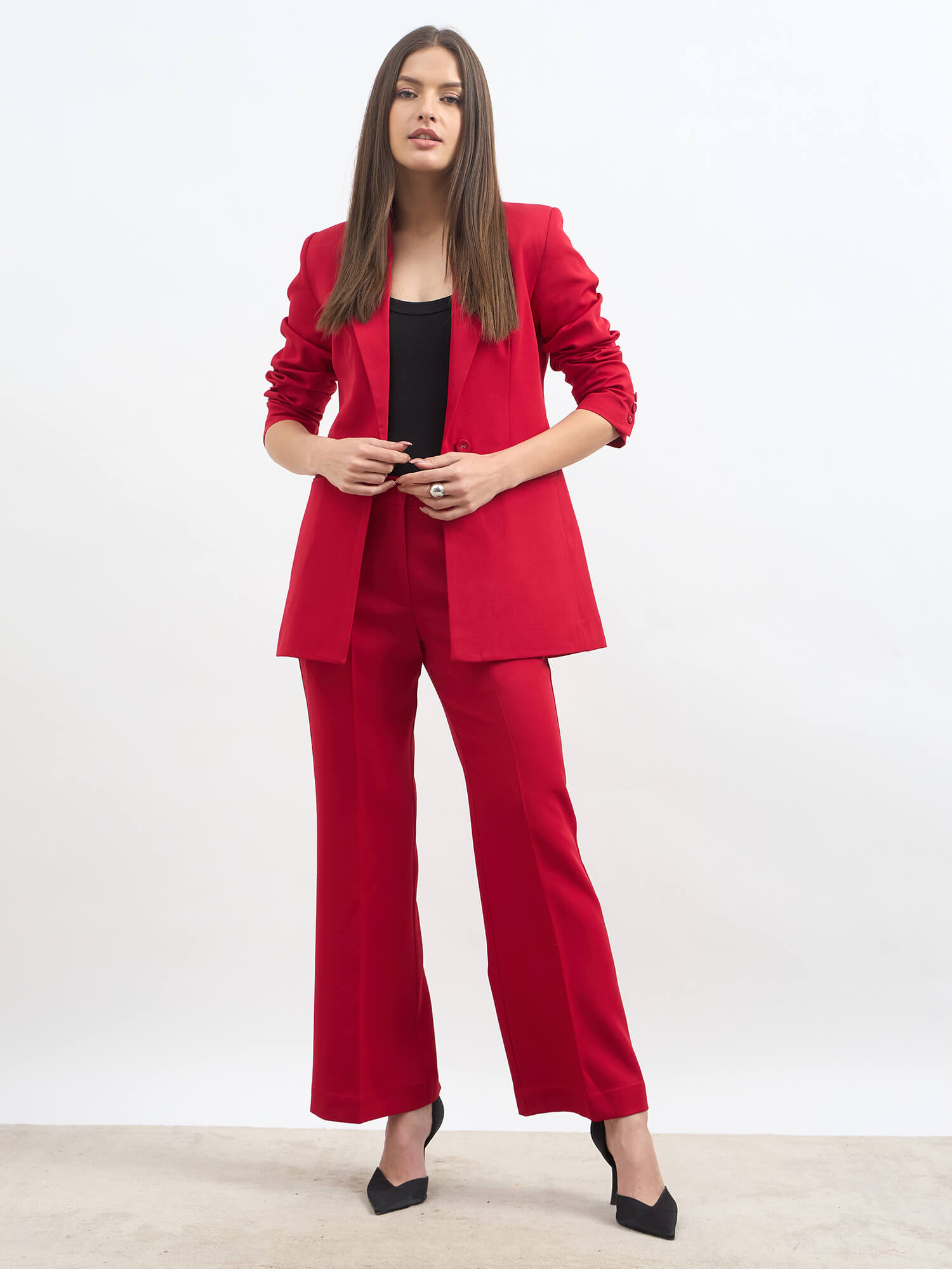 Luminous Slim Fit Single Breasted Suit Set-Red