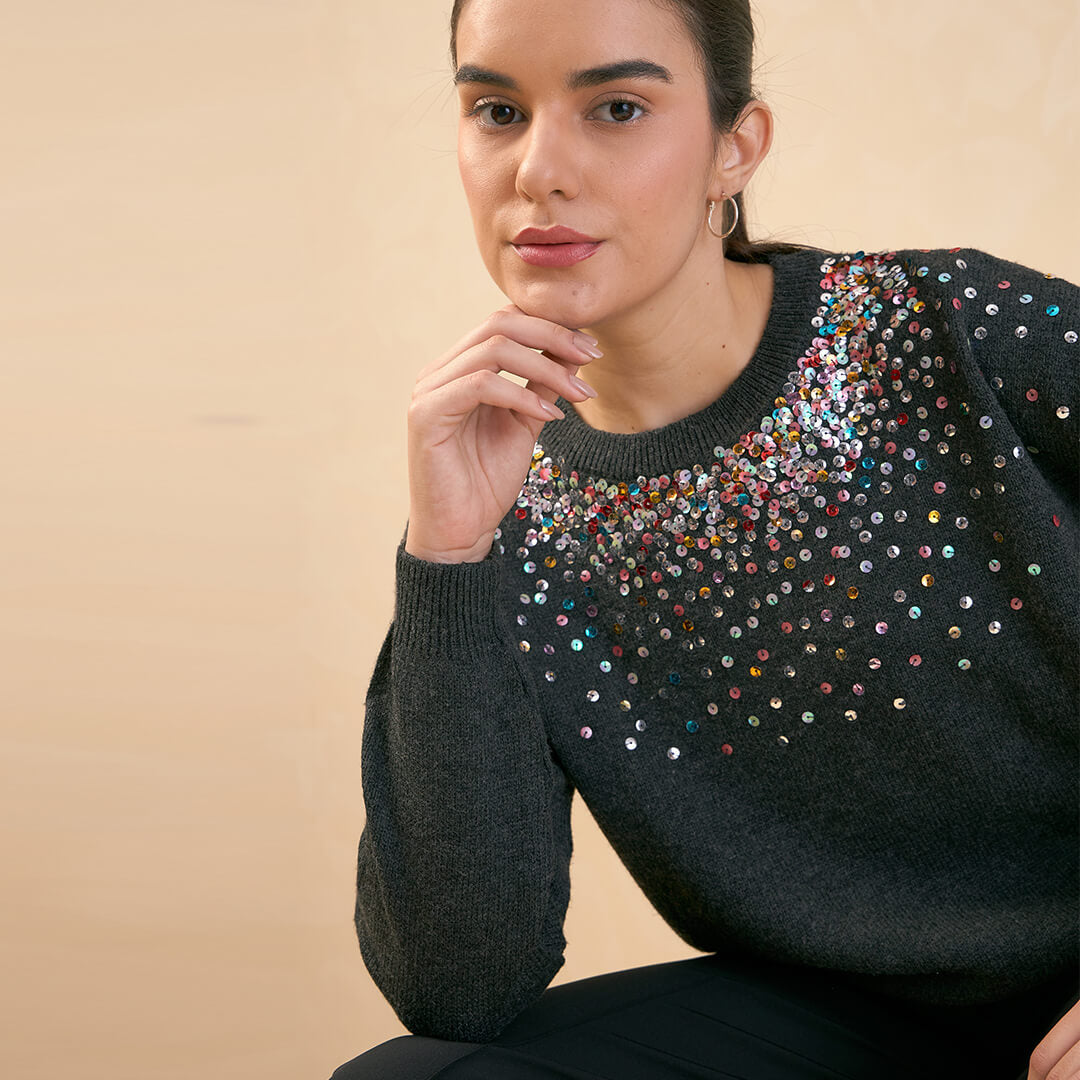 Estella Sequin Embellished Sweater - Dark Grey