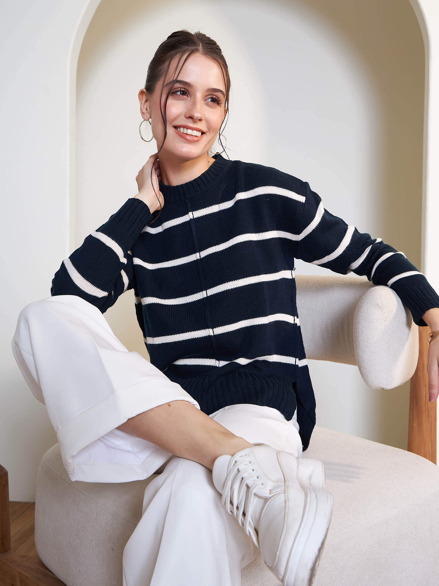 Penelope Striped Knit Sweater - Navy & White