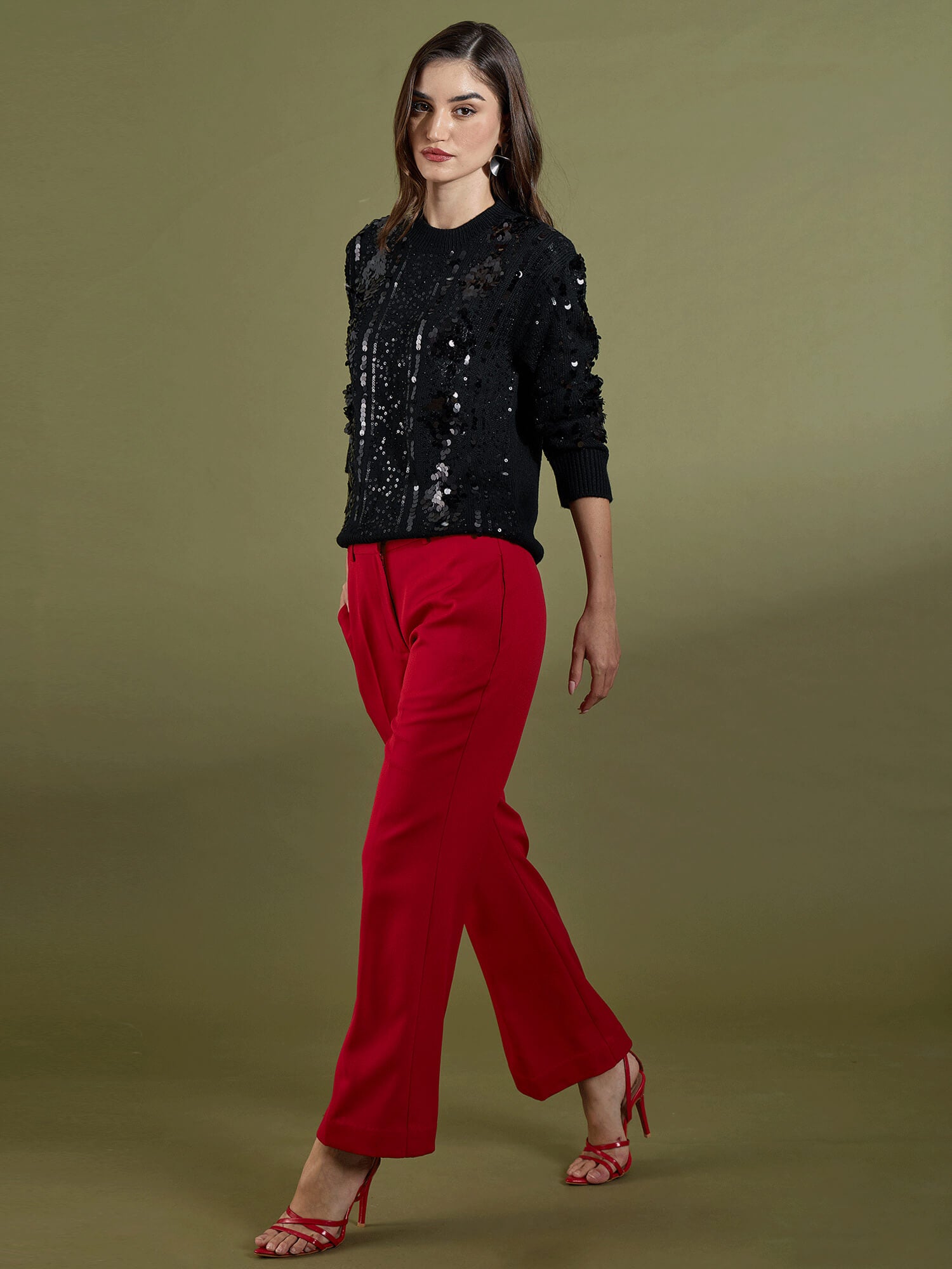 Starry Embellished Round Neck Sweater - Black