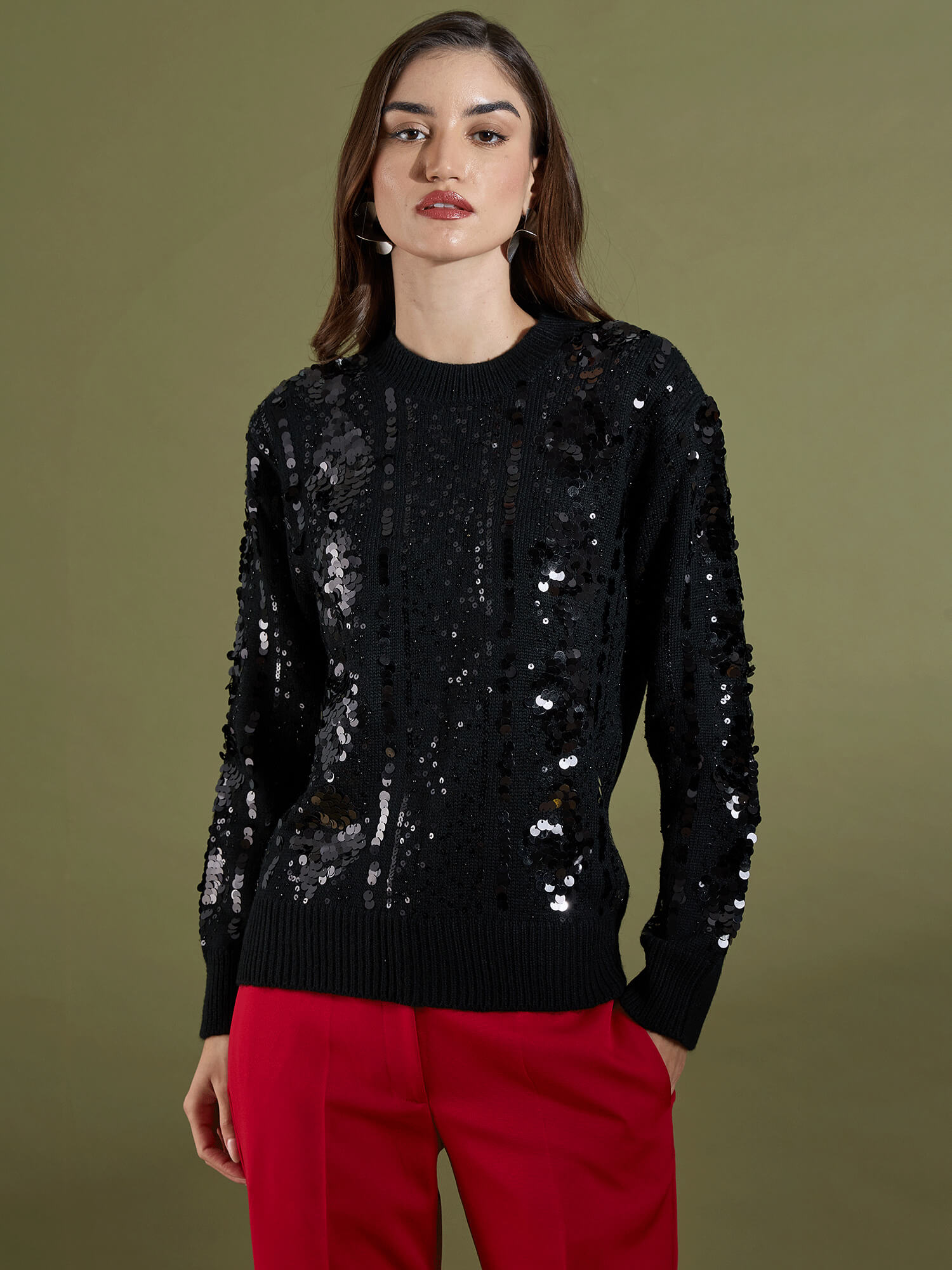 Starry Embellished Round Neck Sweater - Black
