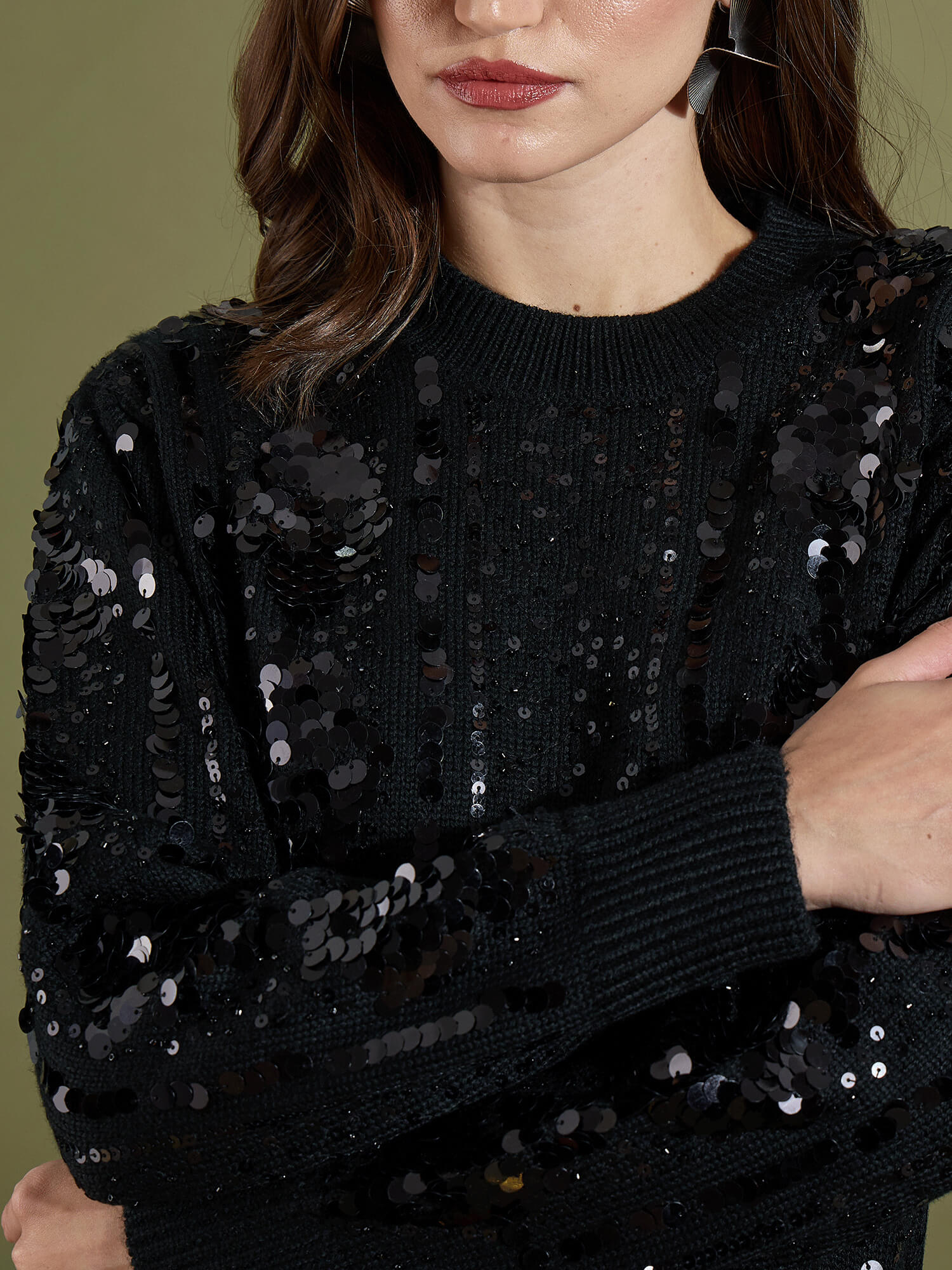 Starry Embellished Round Neck Sweater - Black