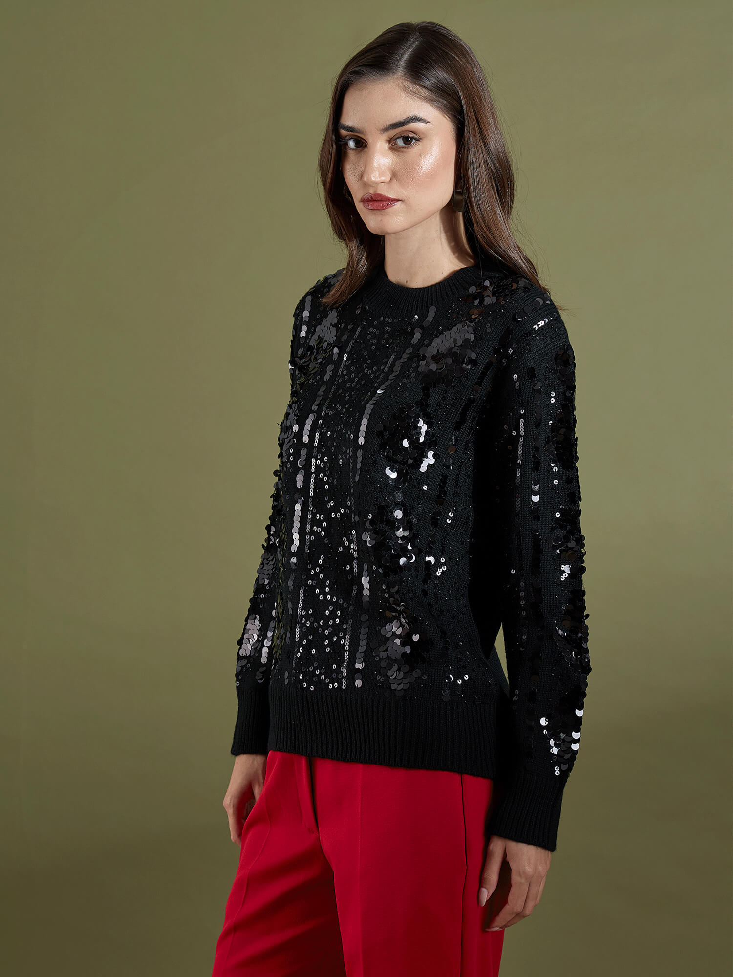 Starry Embellished Round Neck Sweater - Black