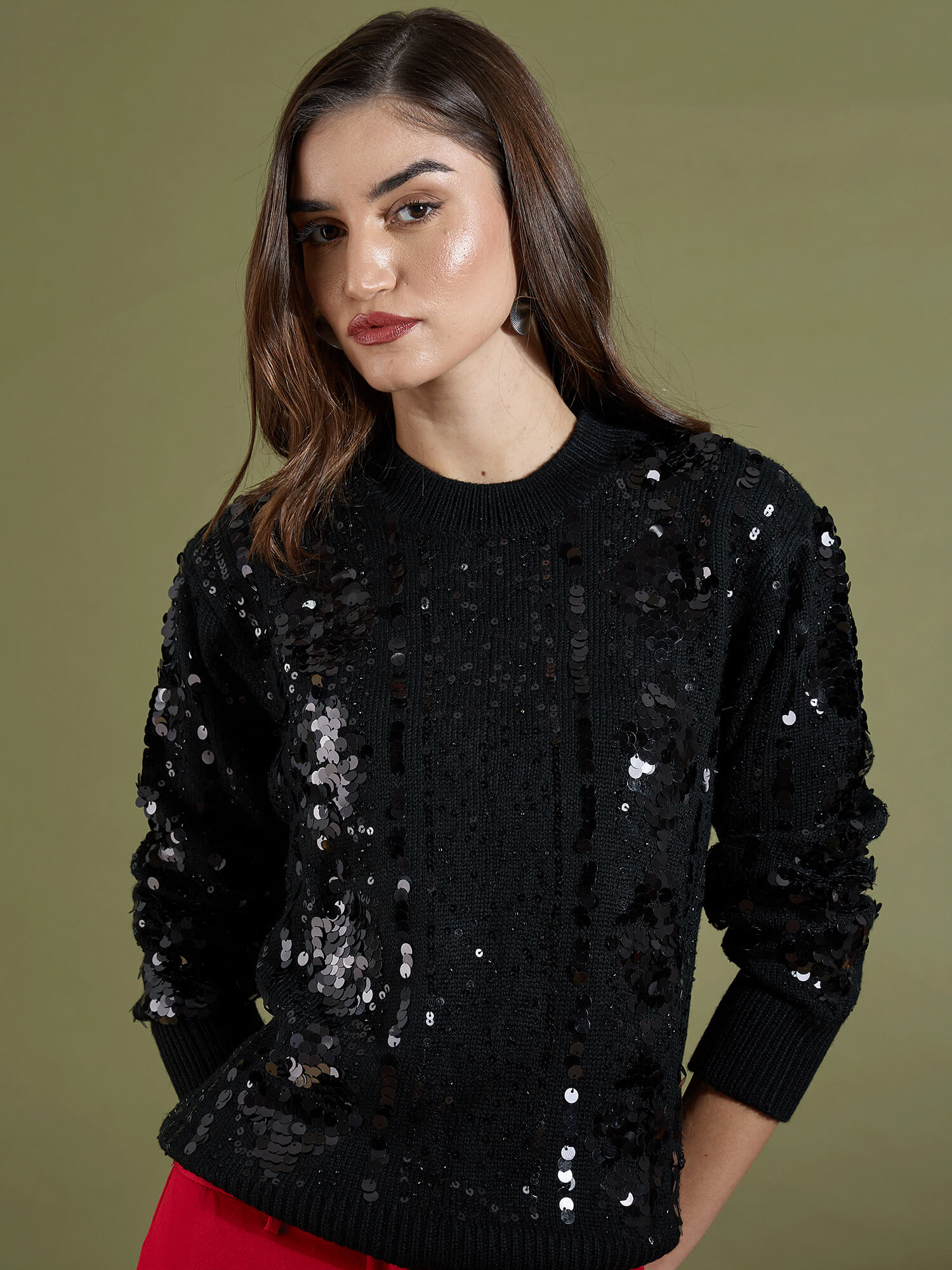Starry Embellished Round Neck Sweater - Black