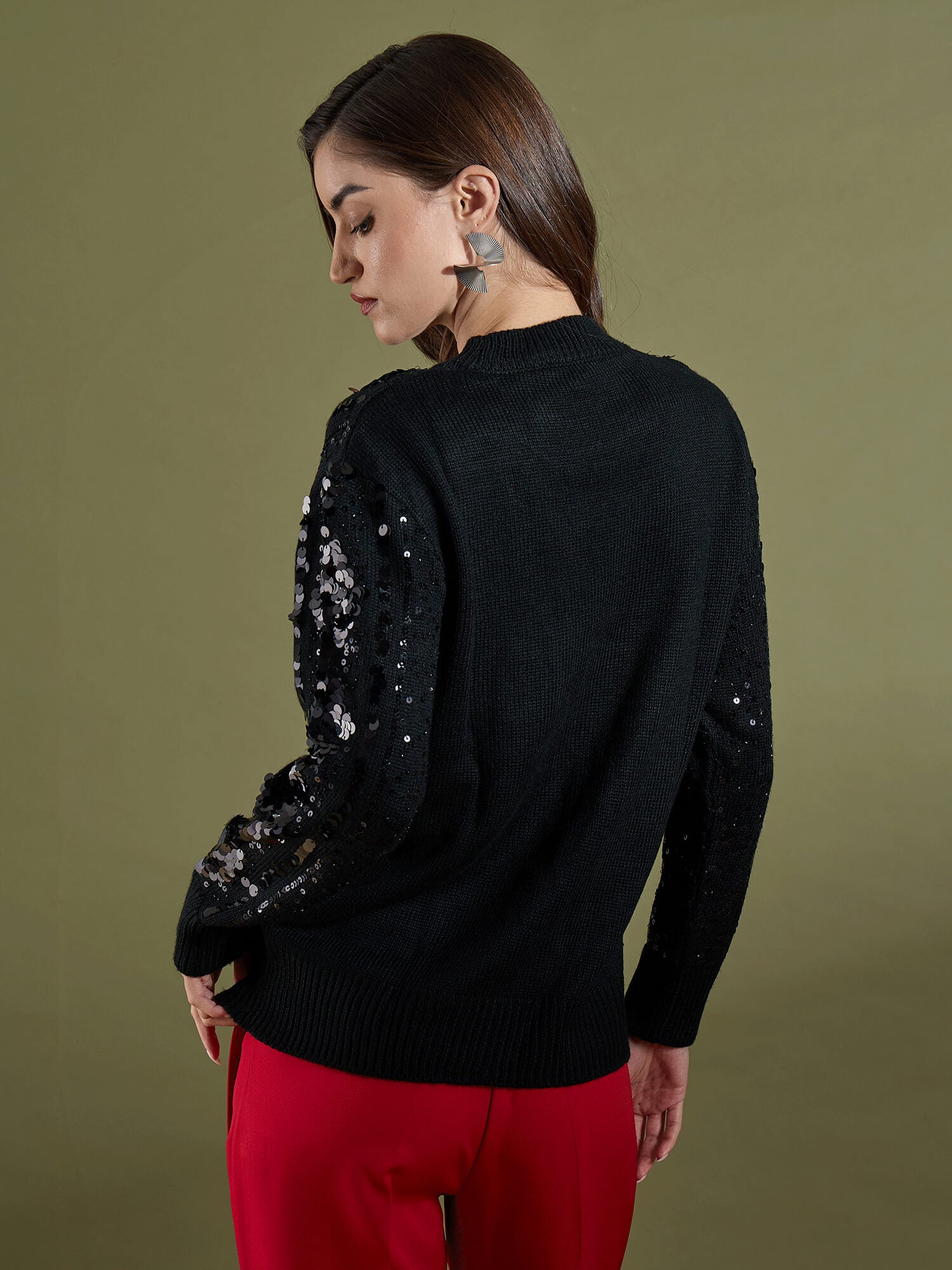 Starry Embellished Round Neck Sweater - Black