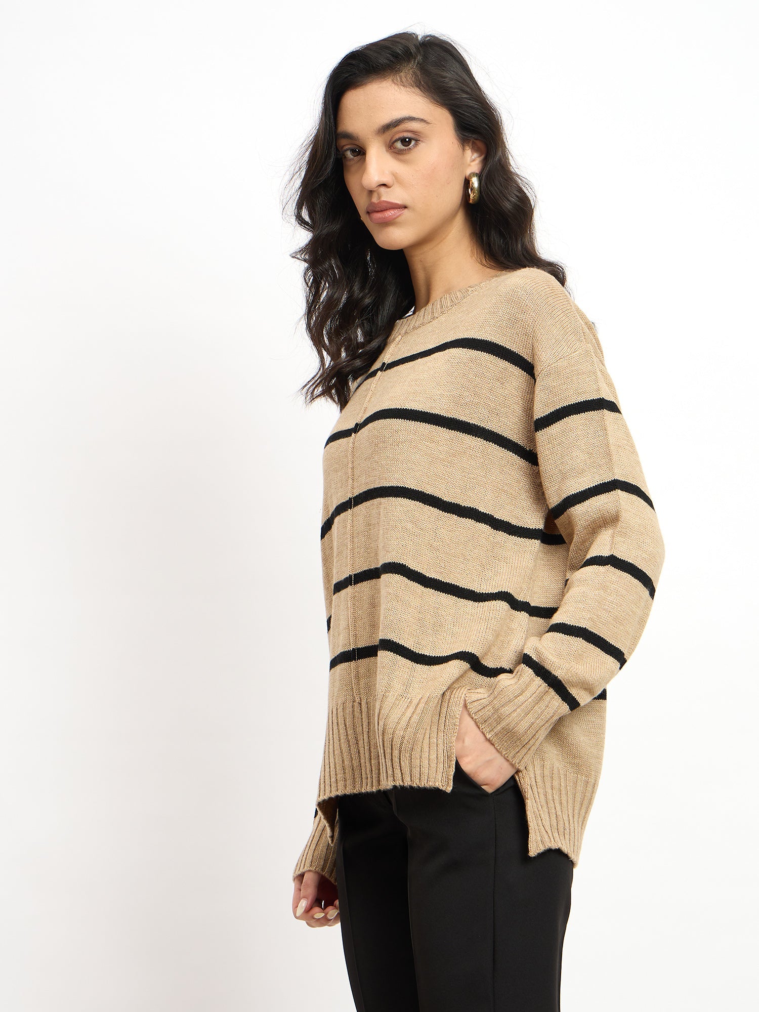 Penelope Striped Knit Sweater - Beige & Black