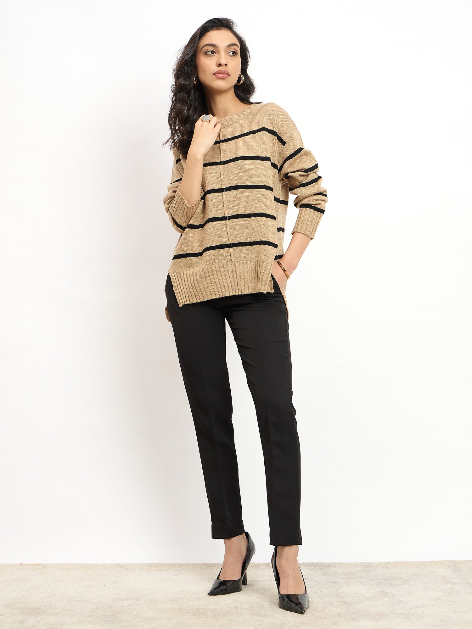 Penelope Striped Knit Sweater - Beige & Black