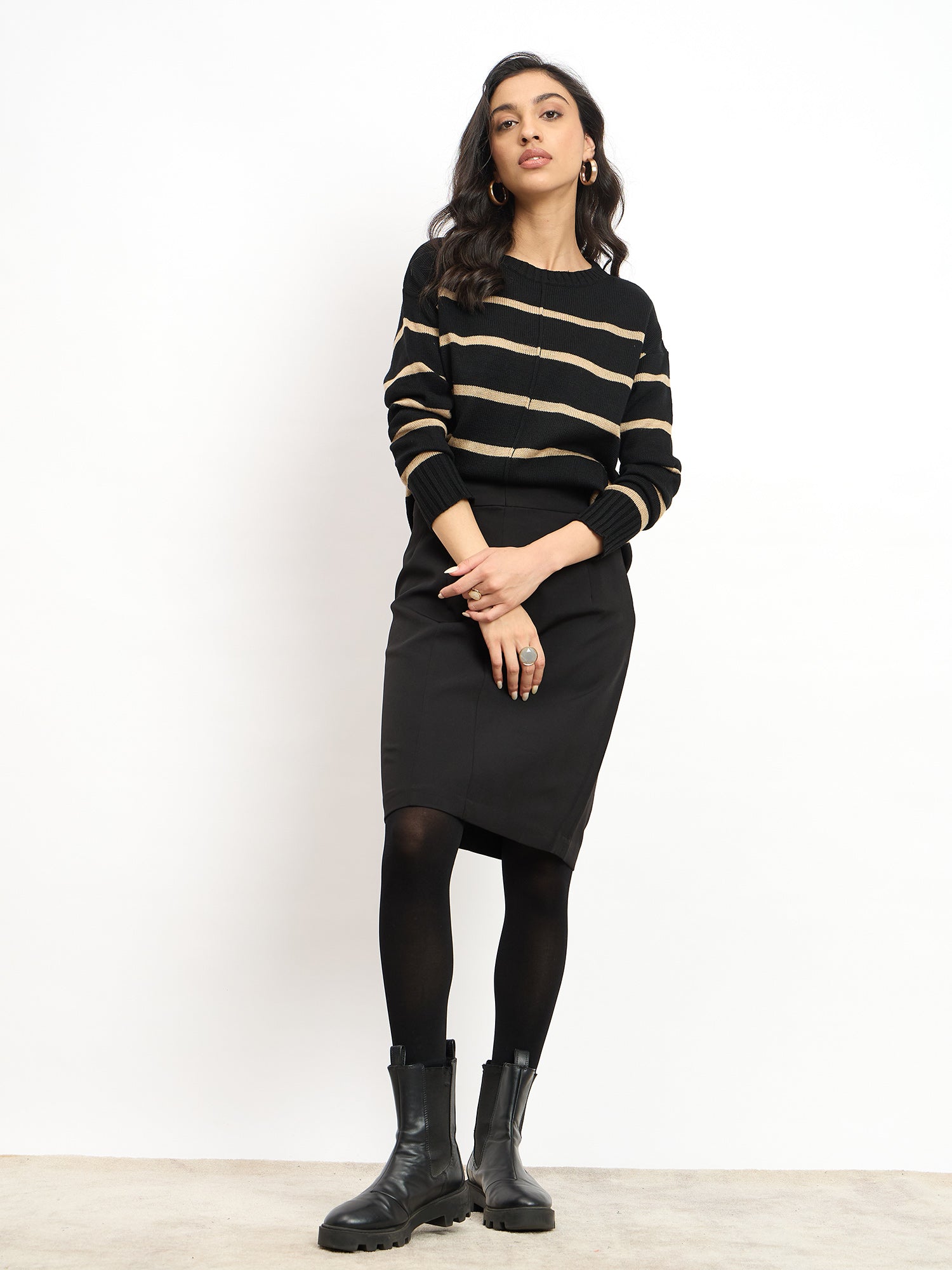 Penelope Striped Knit Sweater - Black & Beige