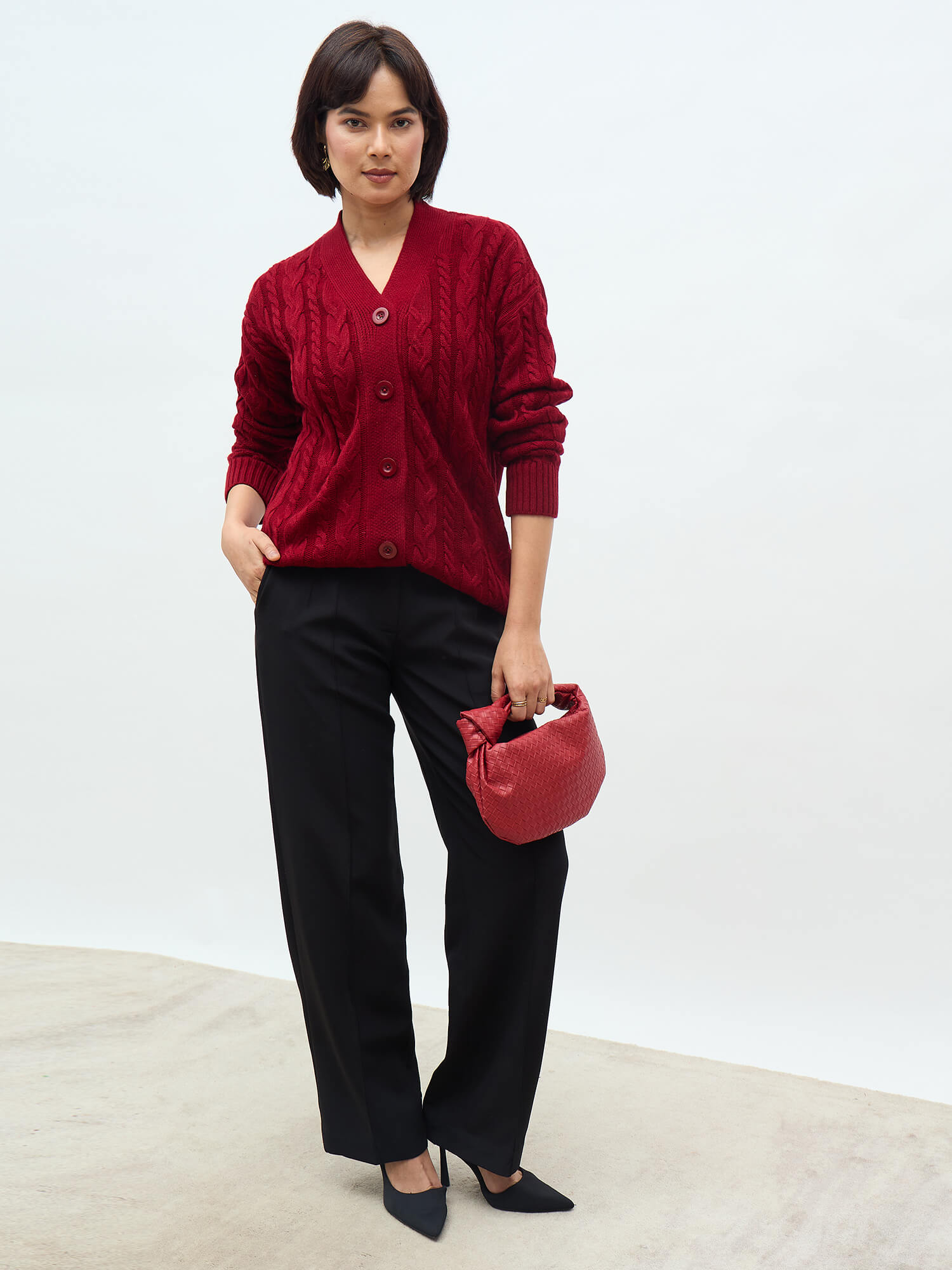 Tabitha Cable Knit Cardigan-Maroon