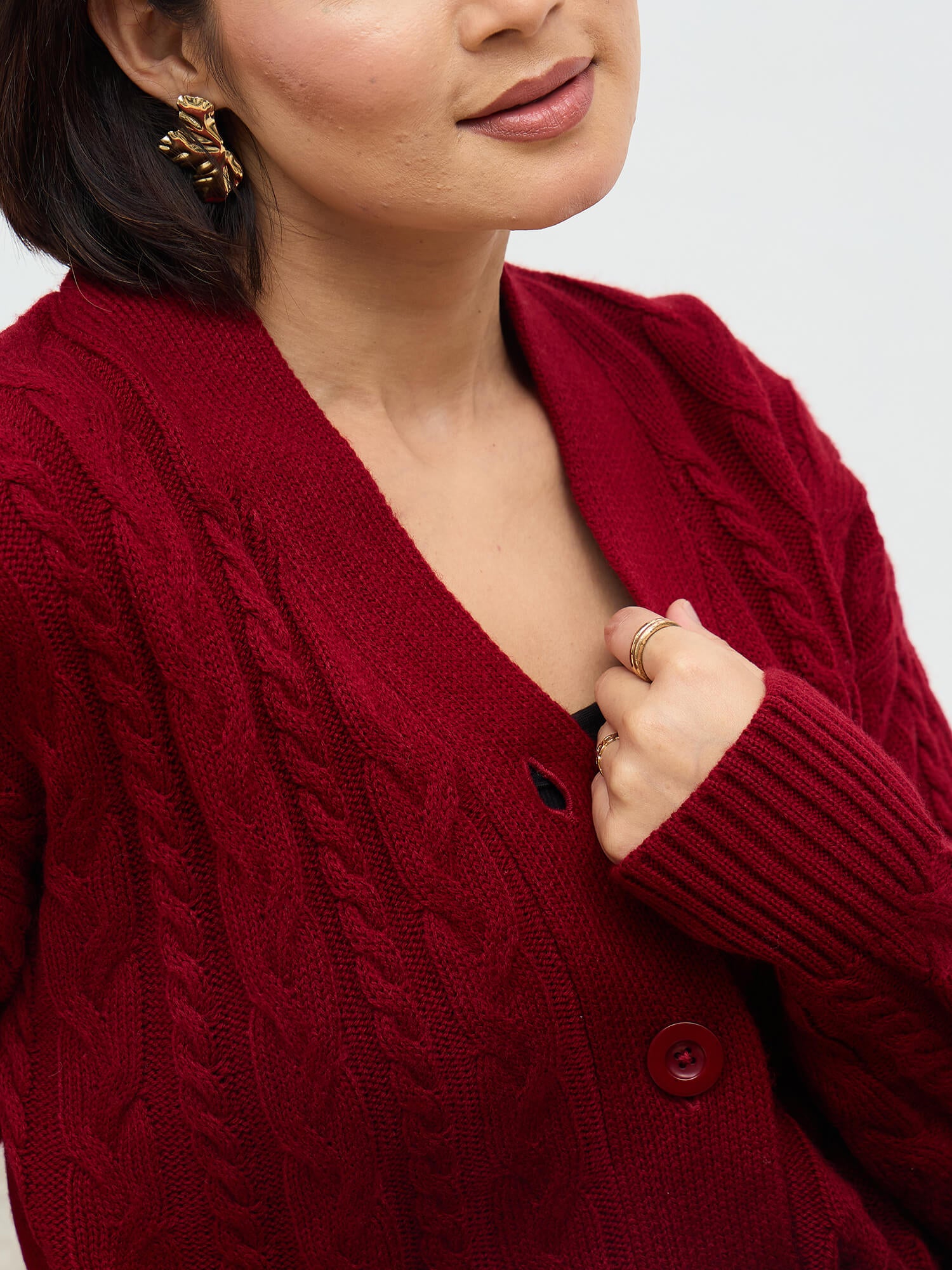 Tabitha Cable Knit Cardigan-Maroon