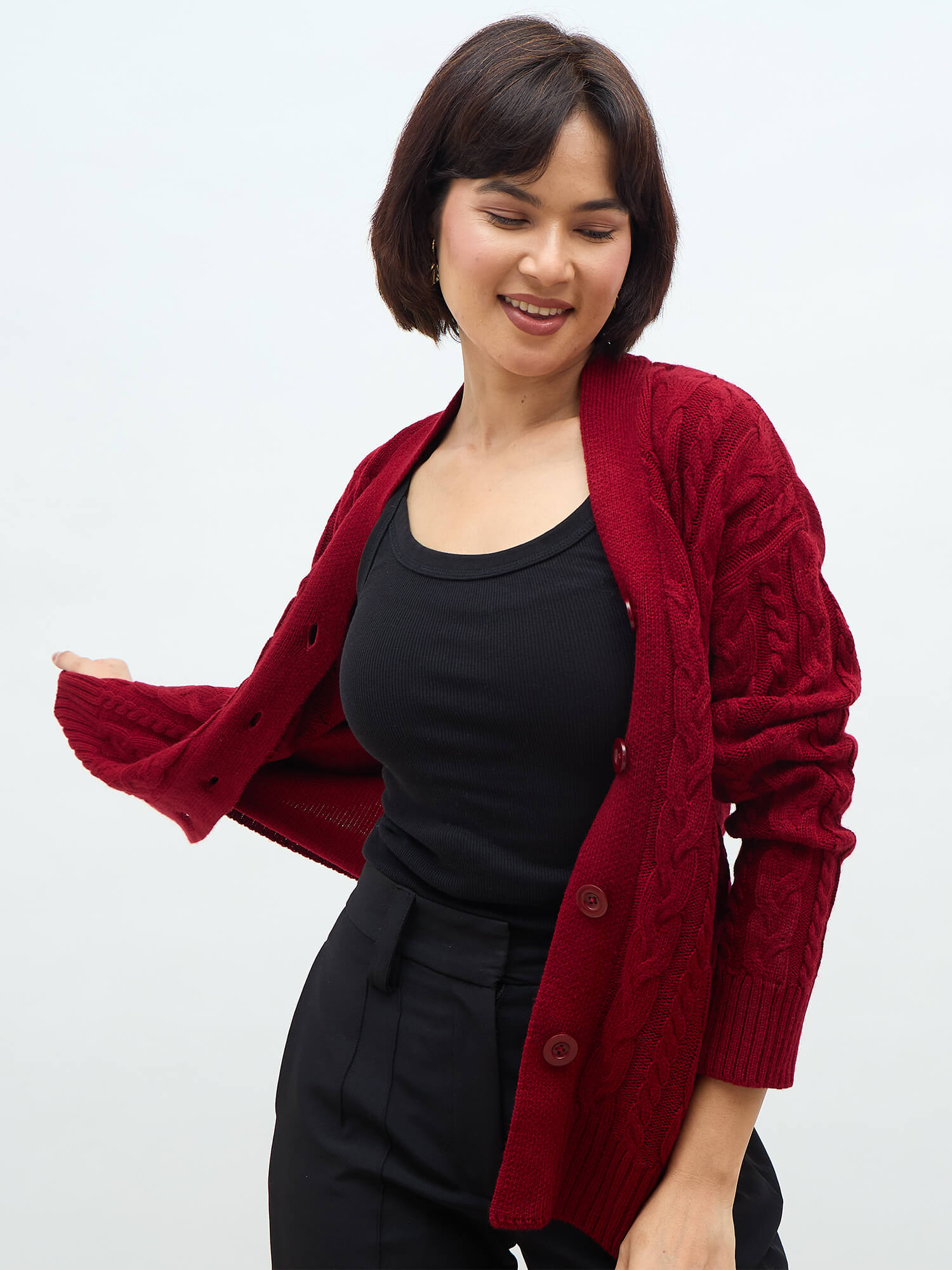 Tabitha Cable Knit Cardigan-Maroon