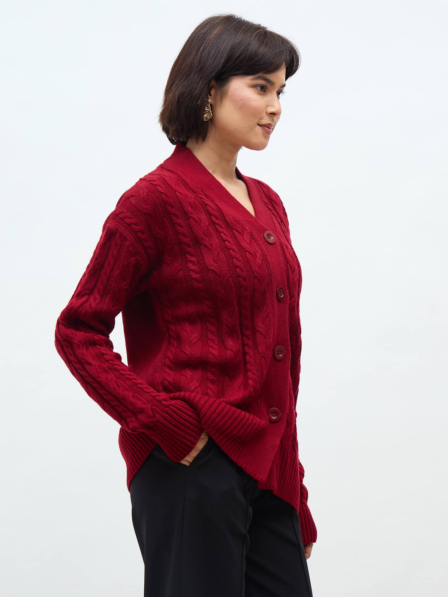 Tabitha Cable Knit Cardigan-Maroon