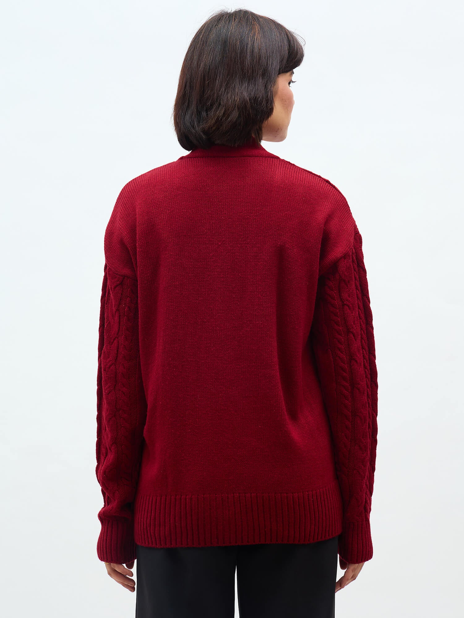Tabitha Cable Knit Cardigan-Maroon