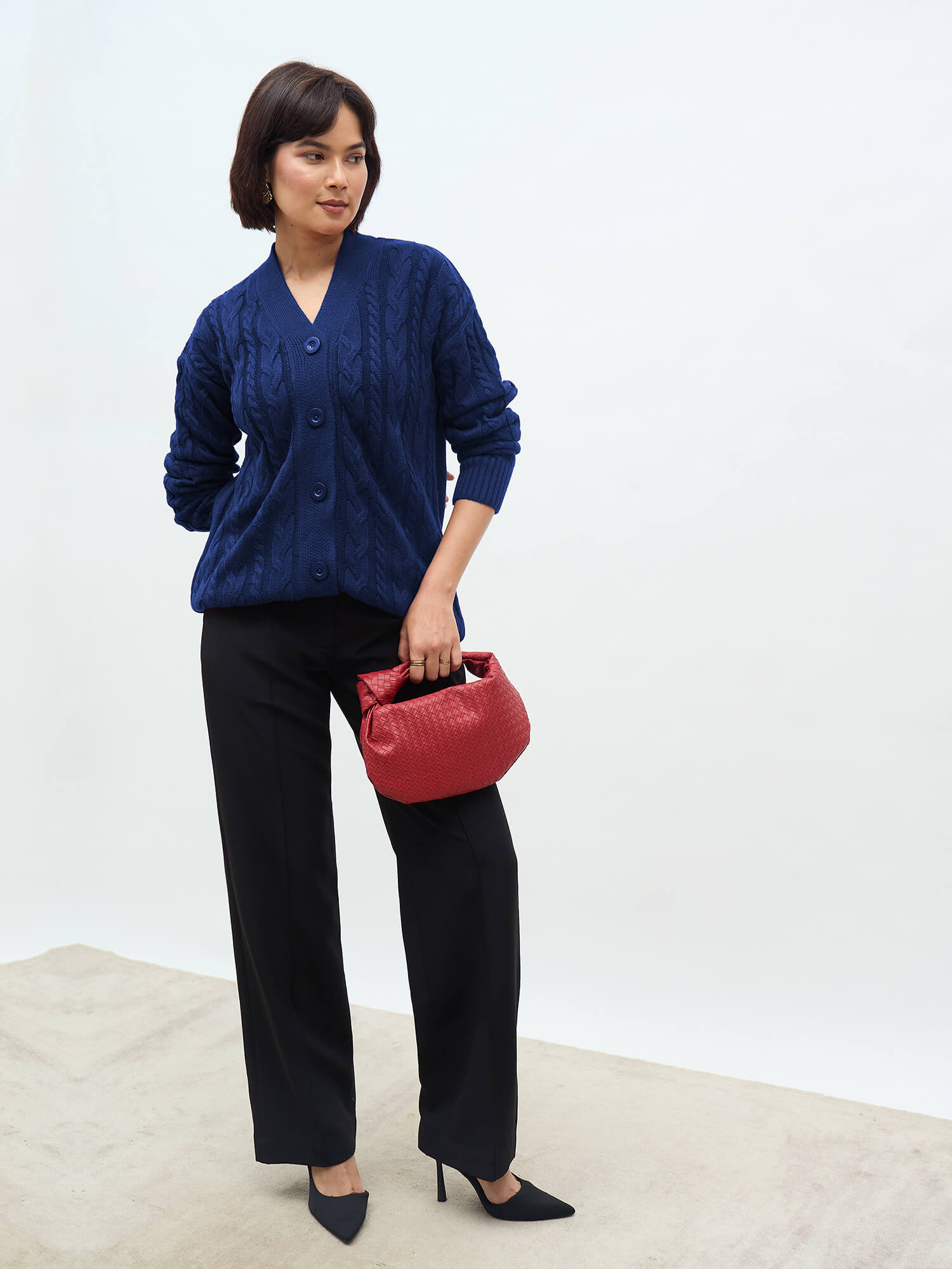 Tabitha Cable Knit Cardigan-Navy