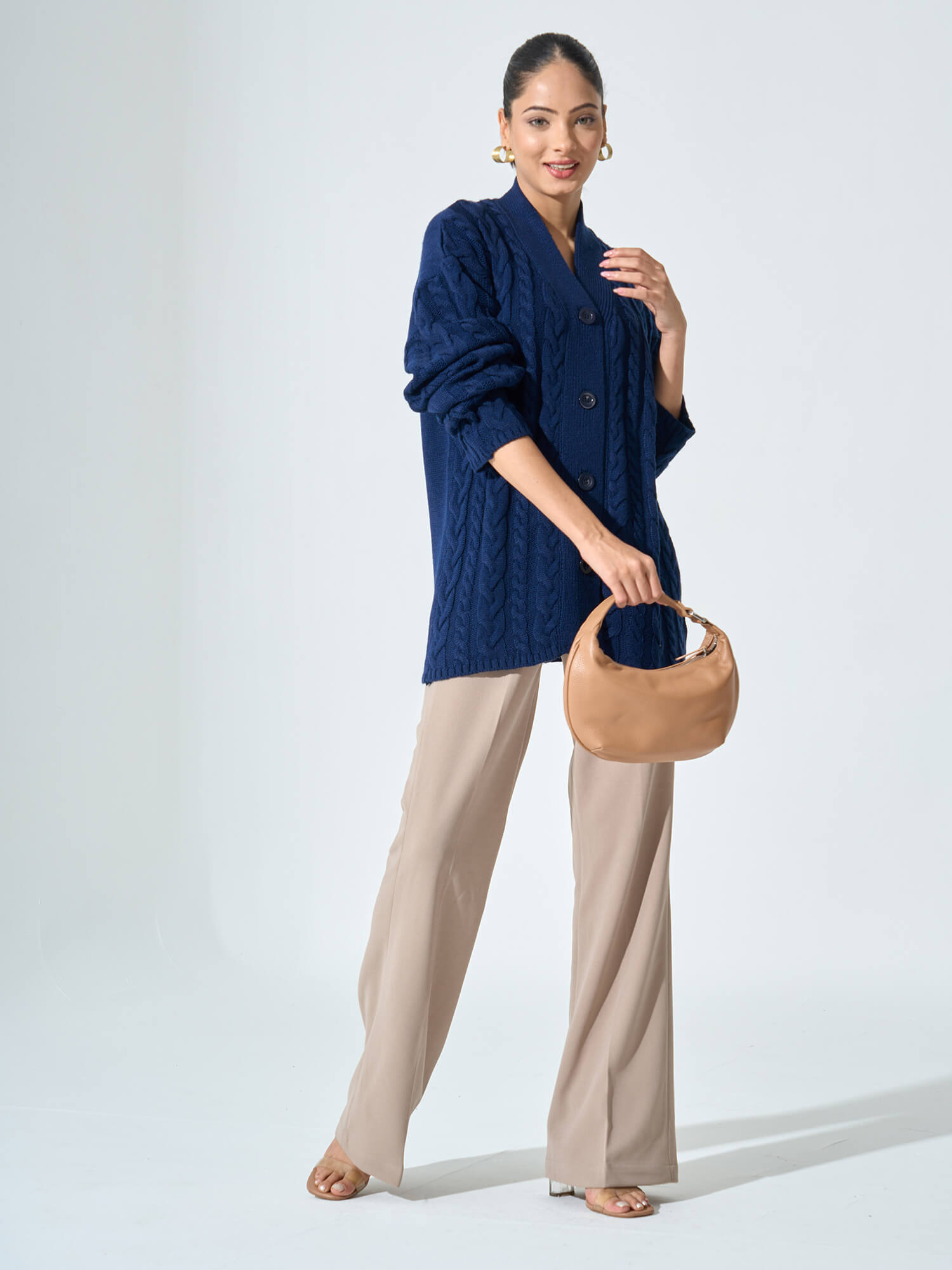 Tabitha Cable Knit Cardigan-Navy