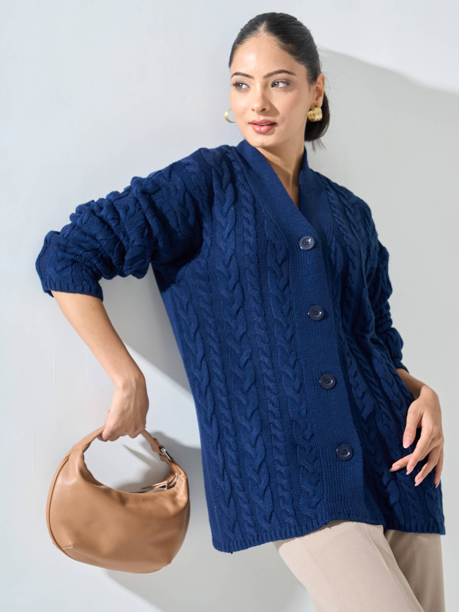 Tabitha Cable Knit Cardigan-Navy