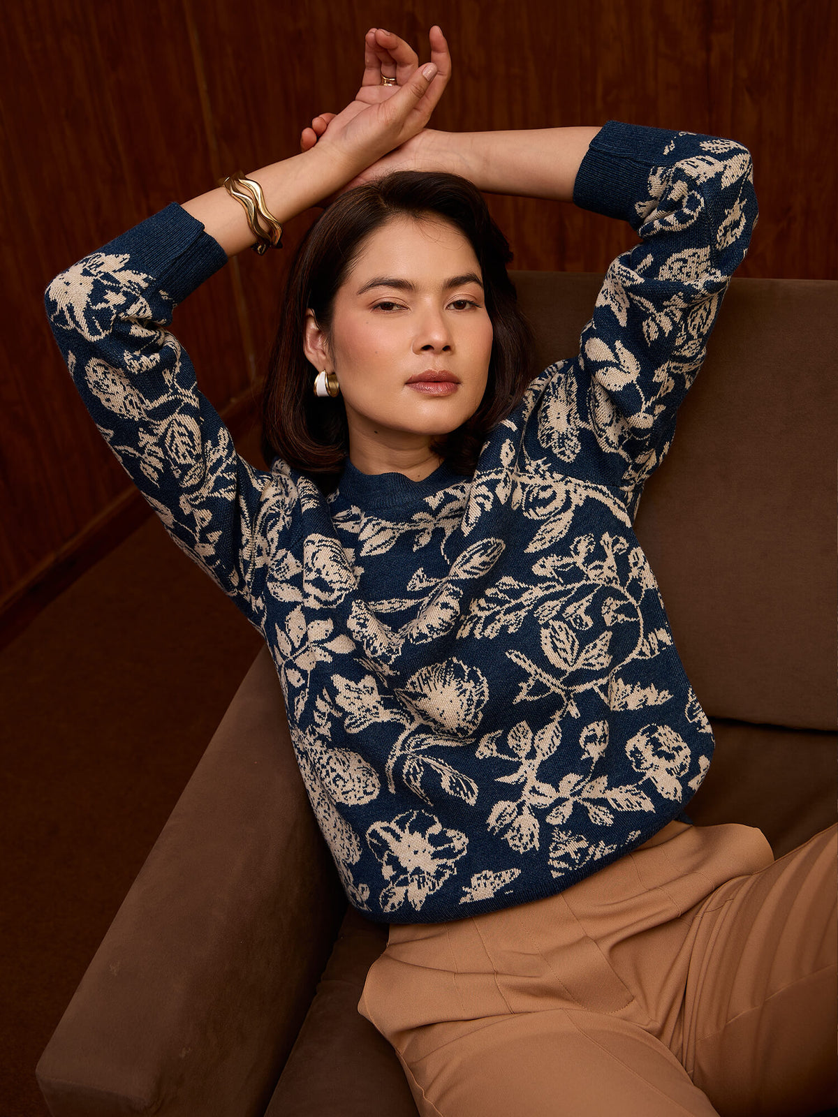Rune Intricate Floral Jacquard Sweater-Navy Blue