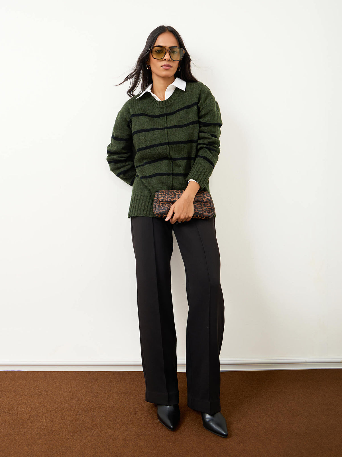 Penelope Striped Knit Sweater-Olive And Black