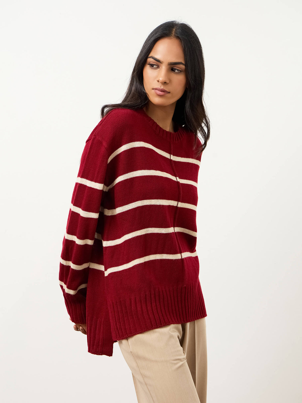 Penelope Striped Knit Sweater-Burgundy And Cream