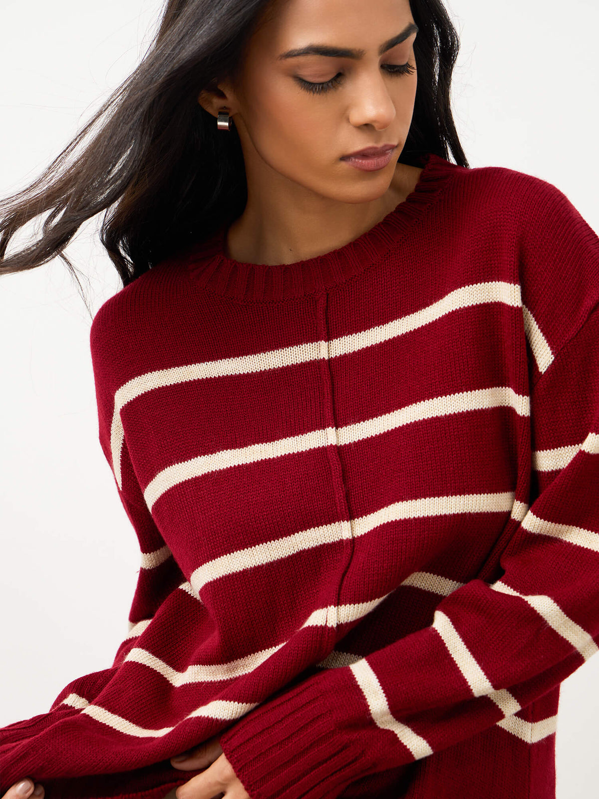 Penelope Striped Knit Sweater-Burgundy And Cream