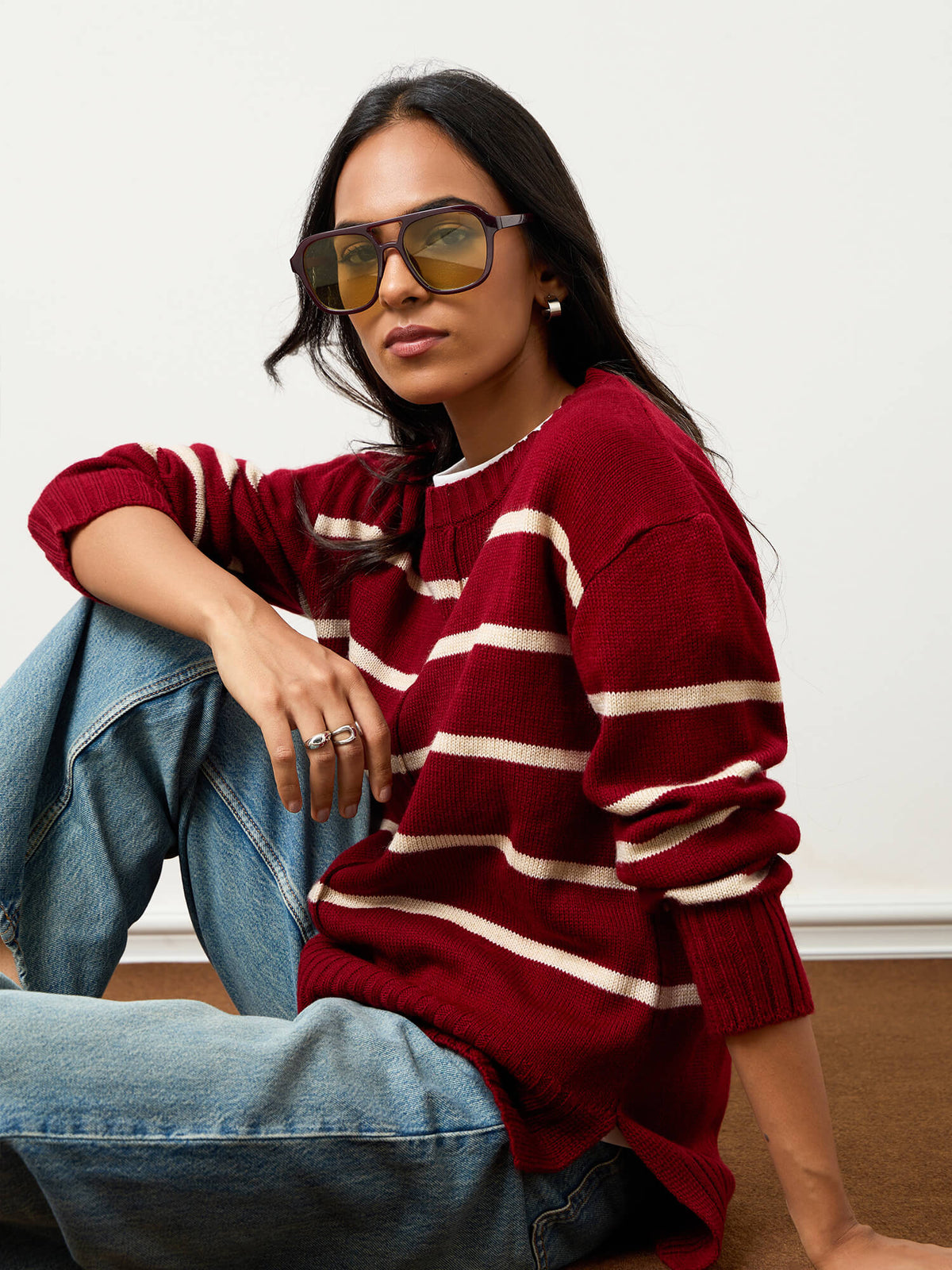 Penelope Striped Knit Sweater-Burgundy And Cream