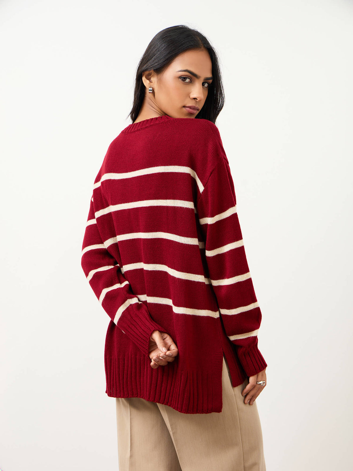 Penelope Striped Knit Sweater-Burgundy And Cream