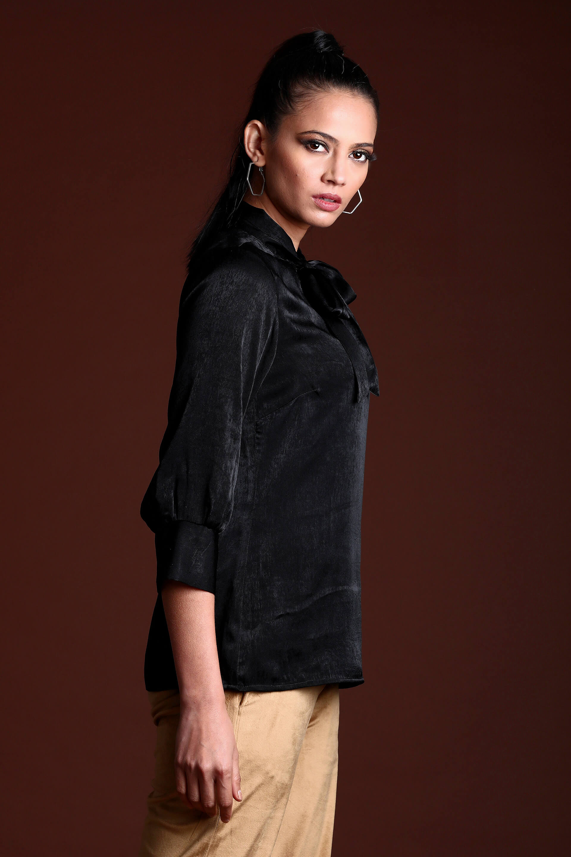 Midnight Satin Dressy/Formal Satin Tie-Up Top - Black - SALT Attire
