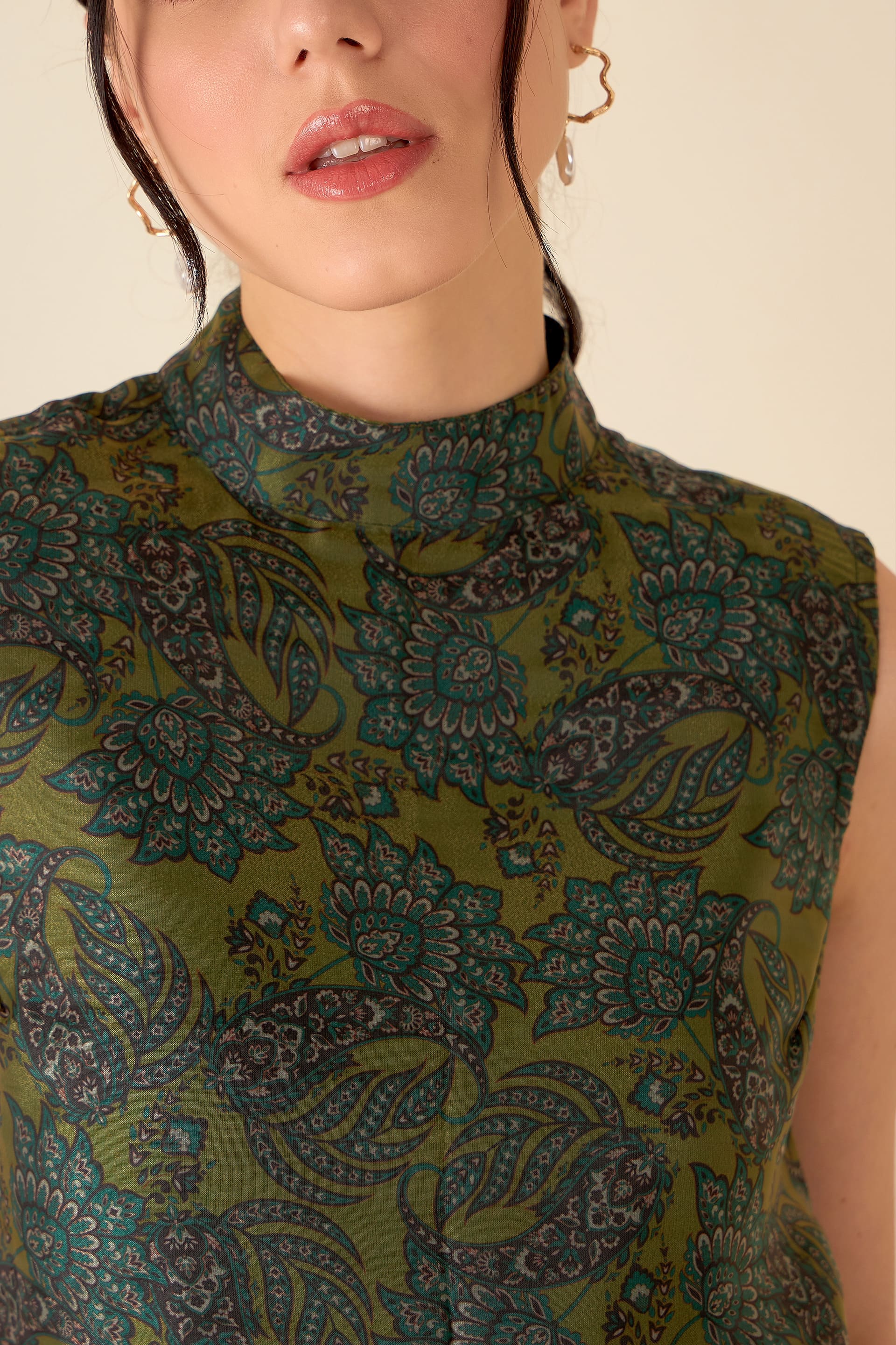 Kaeri Paisley High Neck Top - Mustard & Green