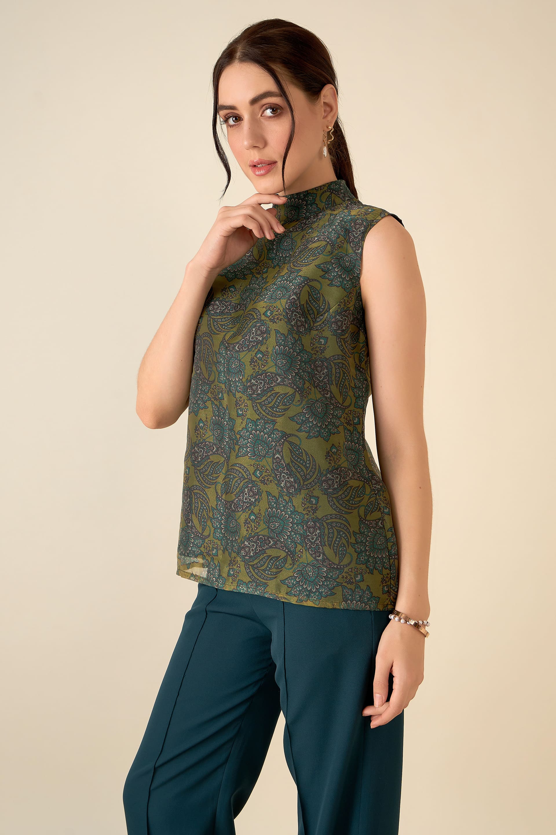 Kaeri Paisley High Neck Top - Mustard & Green