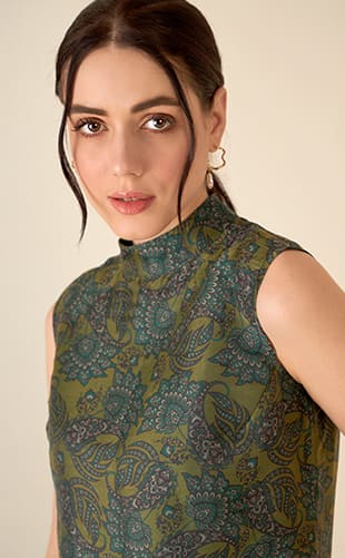 Kaeri Paisley High Neck Top - Mustard & Green