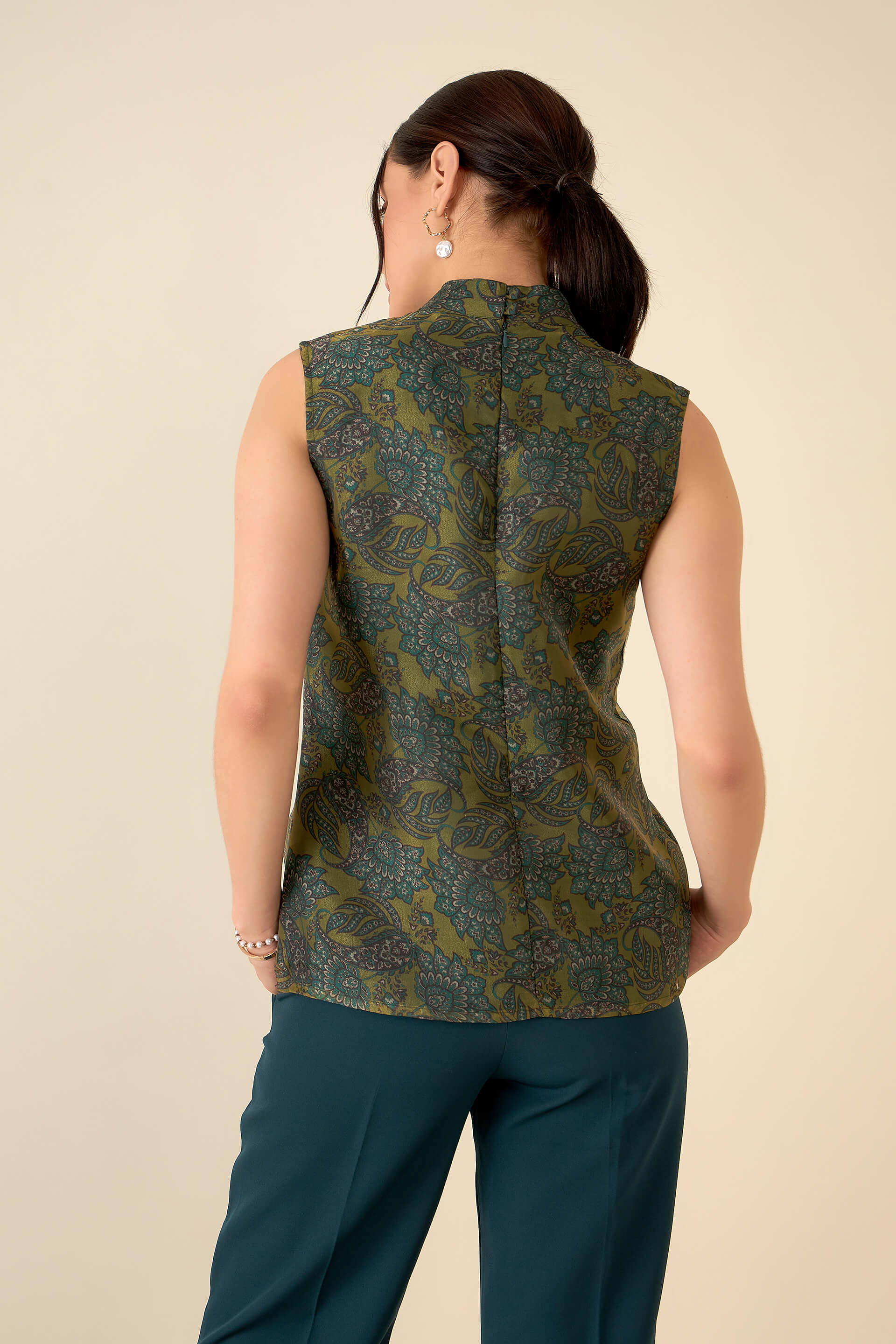 Kaeri Paisley High Neck Top - Mustard & Green