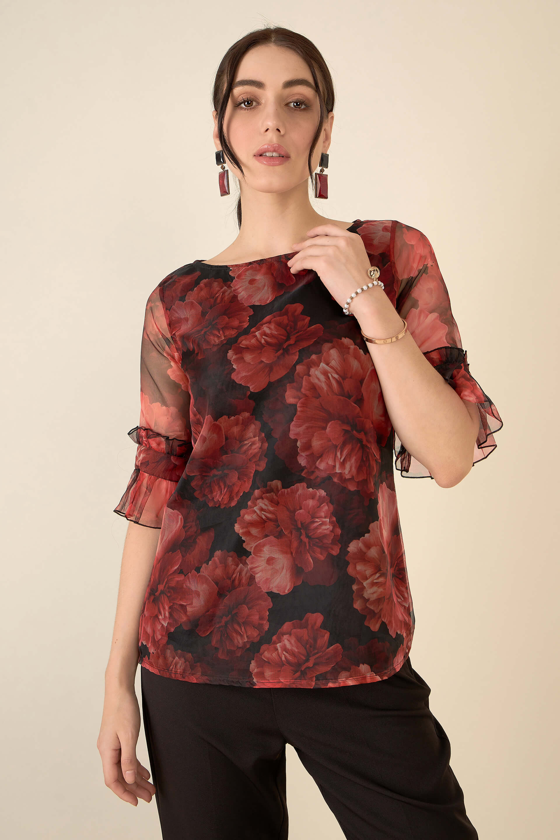 Asharfi Floral Ruffled Sleeves Top-Red/Black