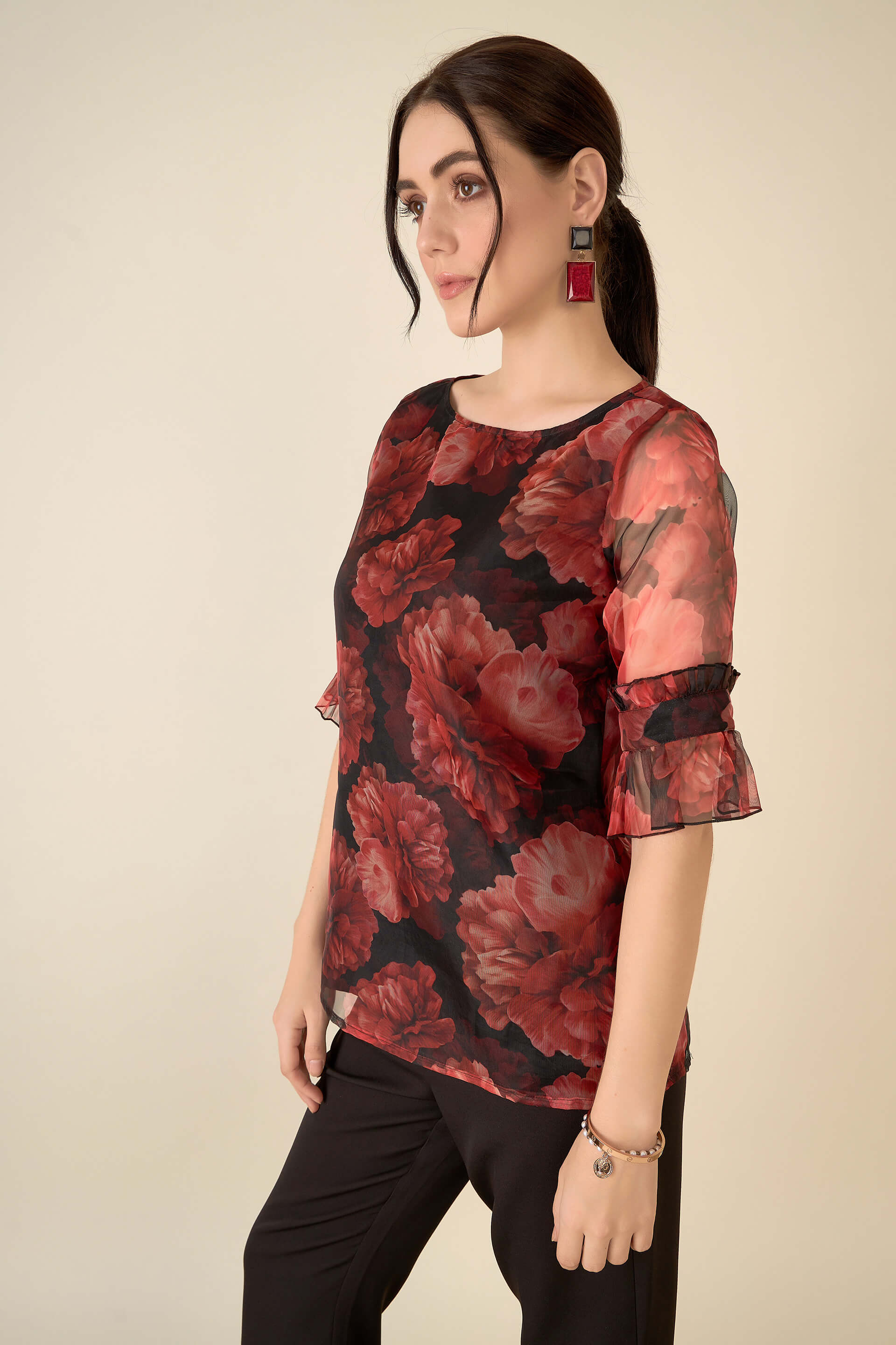 Asharfi Floral Ruffled Sleeves Top-Red/Black