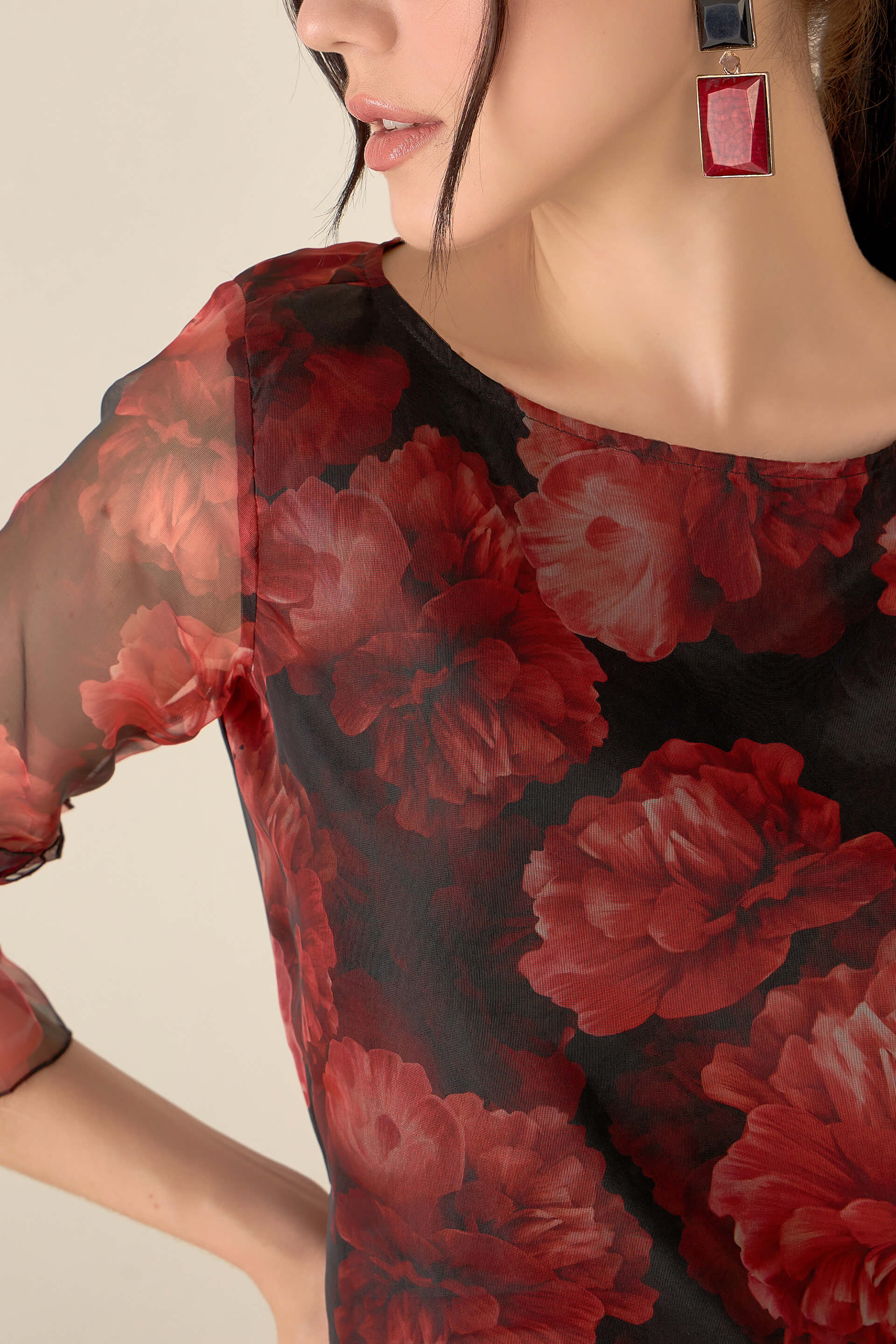 Asharfi Floral Ruffled Sleeves Top-Red/Black
