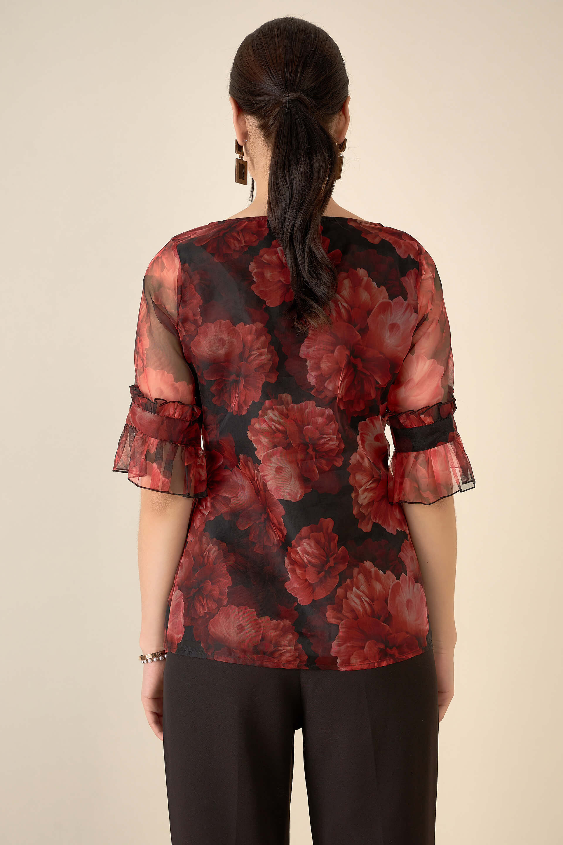 Asharfi Floral Ruffled Sleeves Top-Red/Black