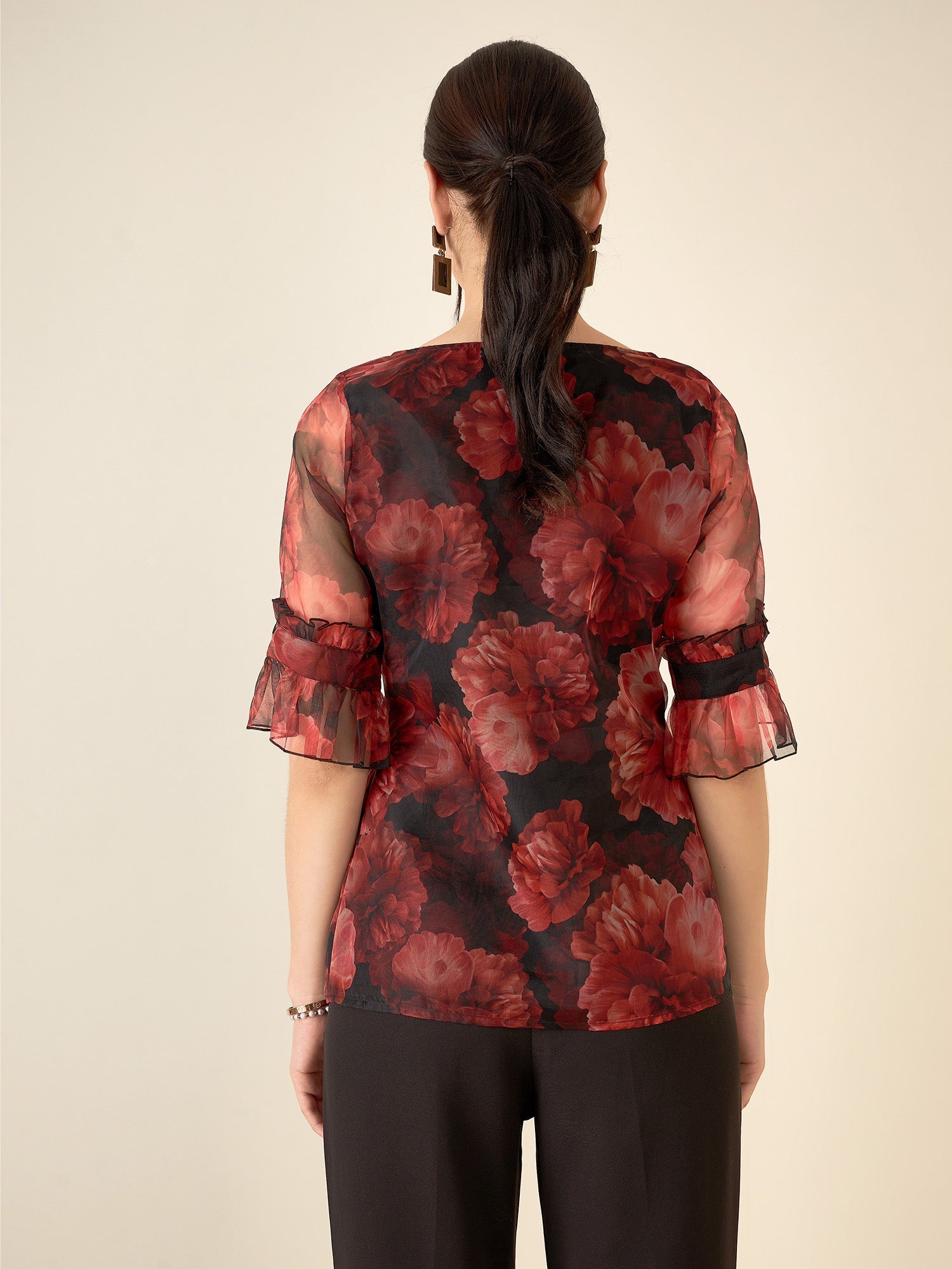 Asharfi Floral Ruffled Sleeves Top-Red/Black