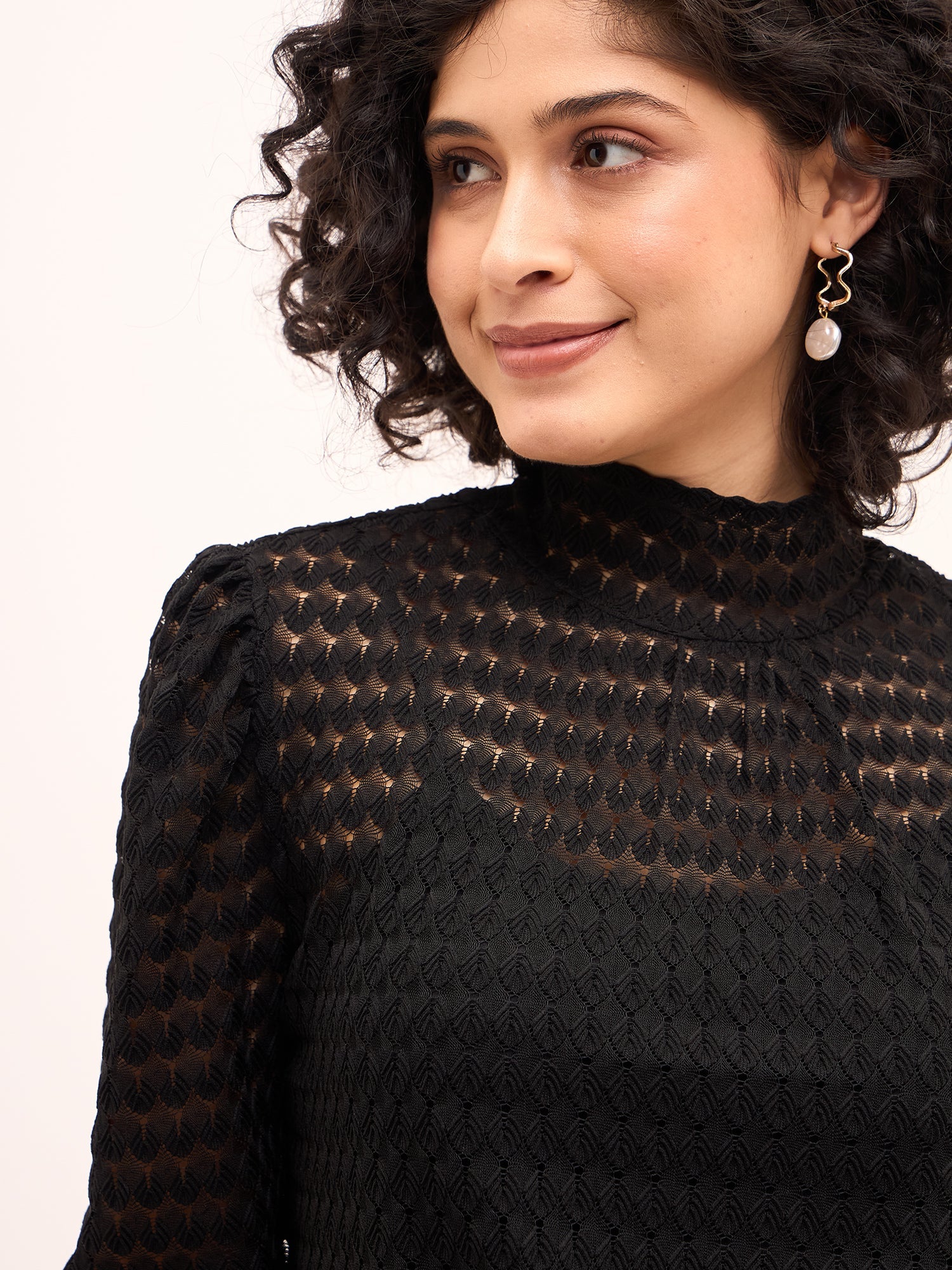 Regal Raven High Neck Lace Top-Black