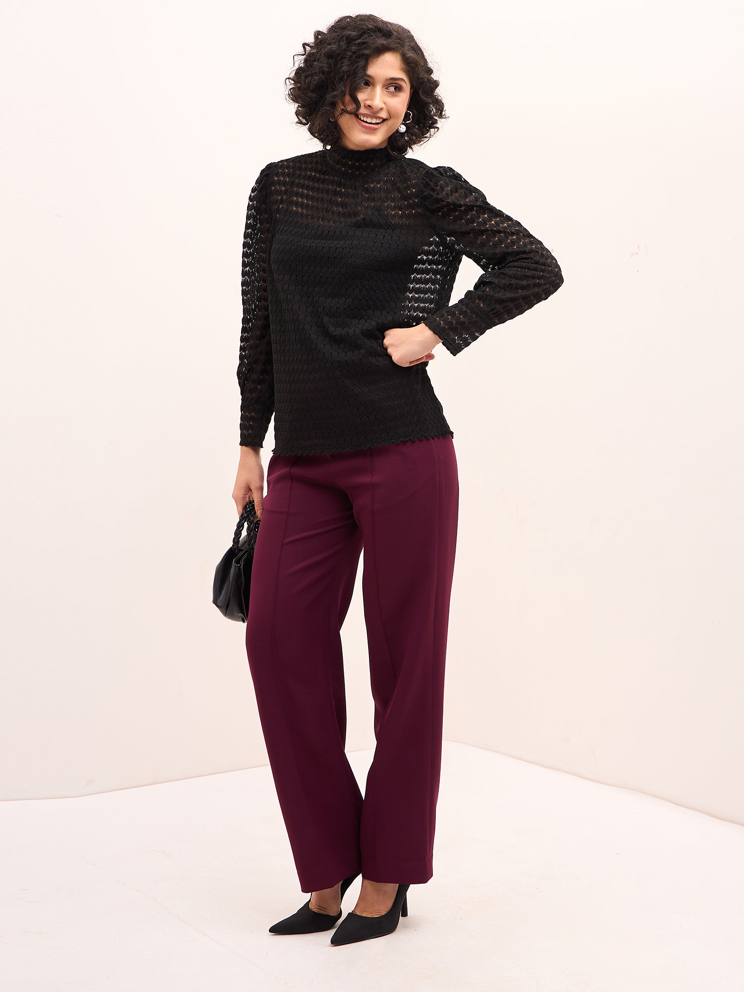 Regal Raven High Neck Lace Top-Black