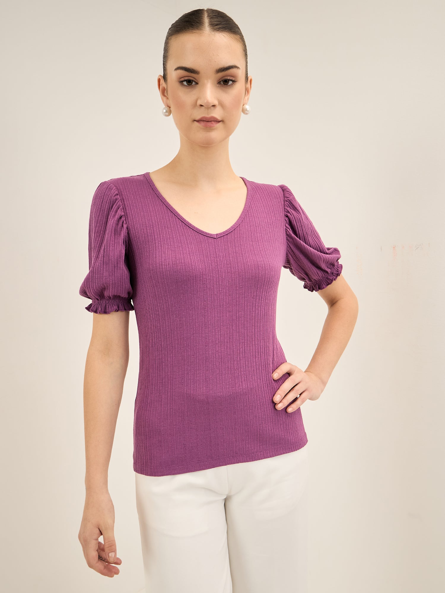Peppy Tee-Purple Gathered Sleeves T-Shirt - Purple