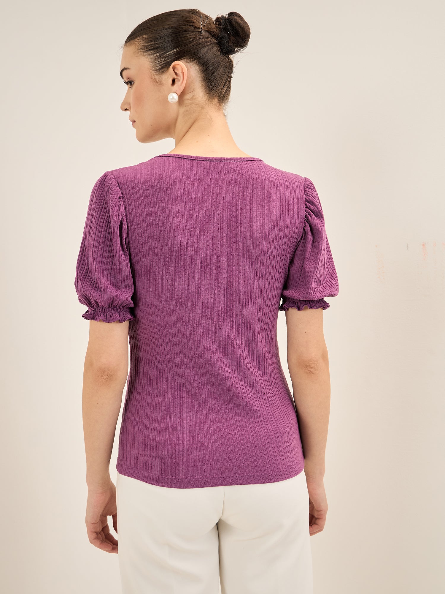 Peppy Tee-Purple Gathered Sleeves T-Shirt - Purple