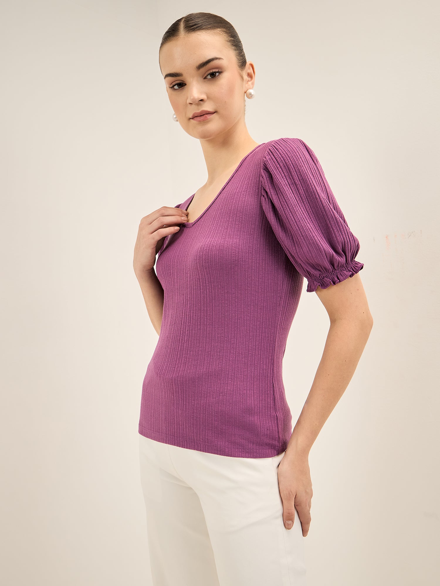 Peppy Tee-Purple Gathered Sleeves T-Shirt - Purple
