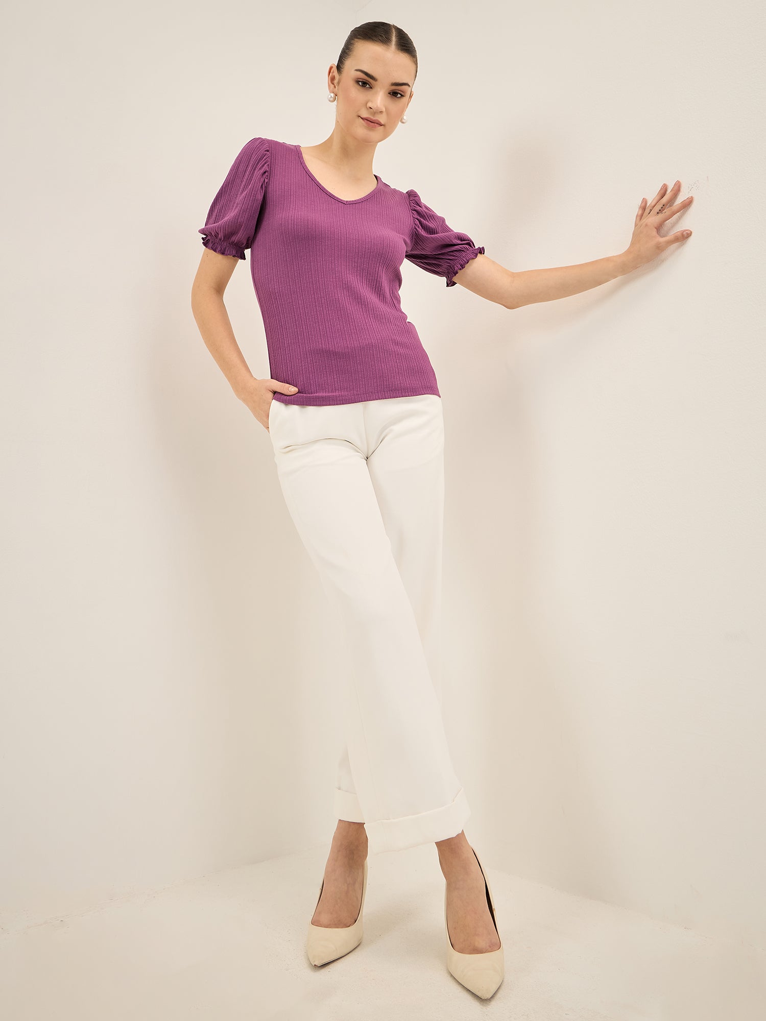 Peppy Tee-Purple Gathered Sleeves T-Shirt - Purple