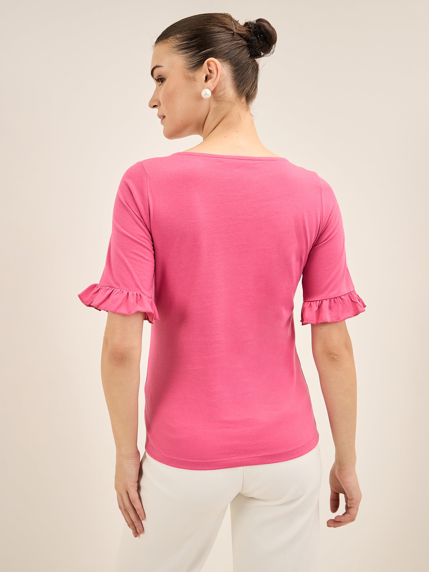 Cushy Tee-Pink Ruffled Sleeves T-Shirt - Pink